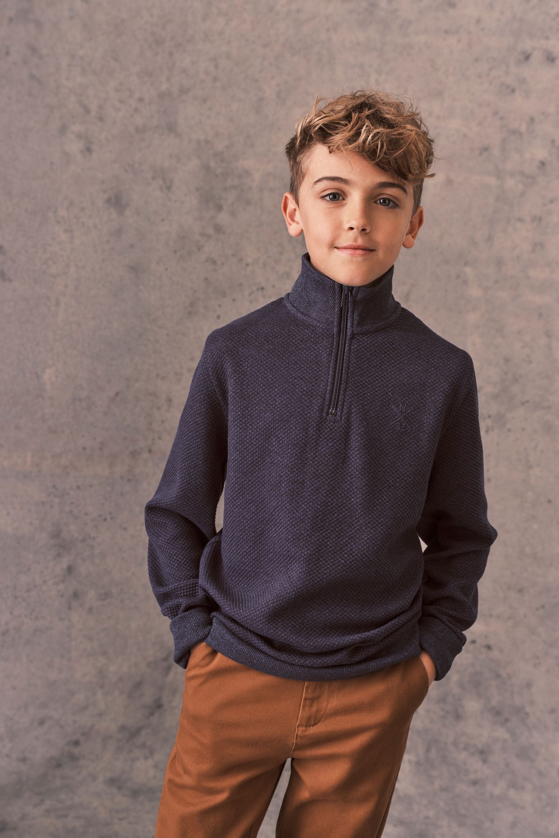 Navy Blue Long Sleeve Textured Zip Neck T-Shirt (3-14yrs)