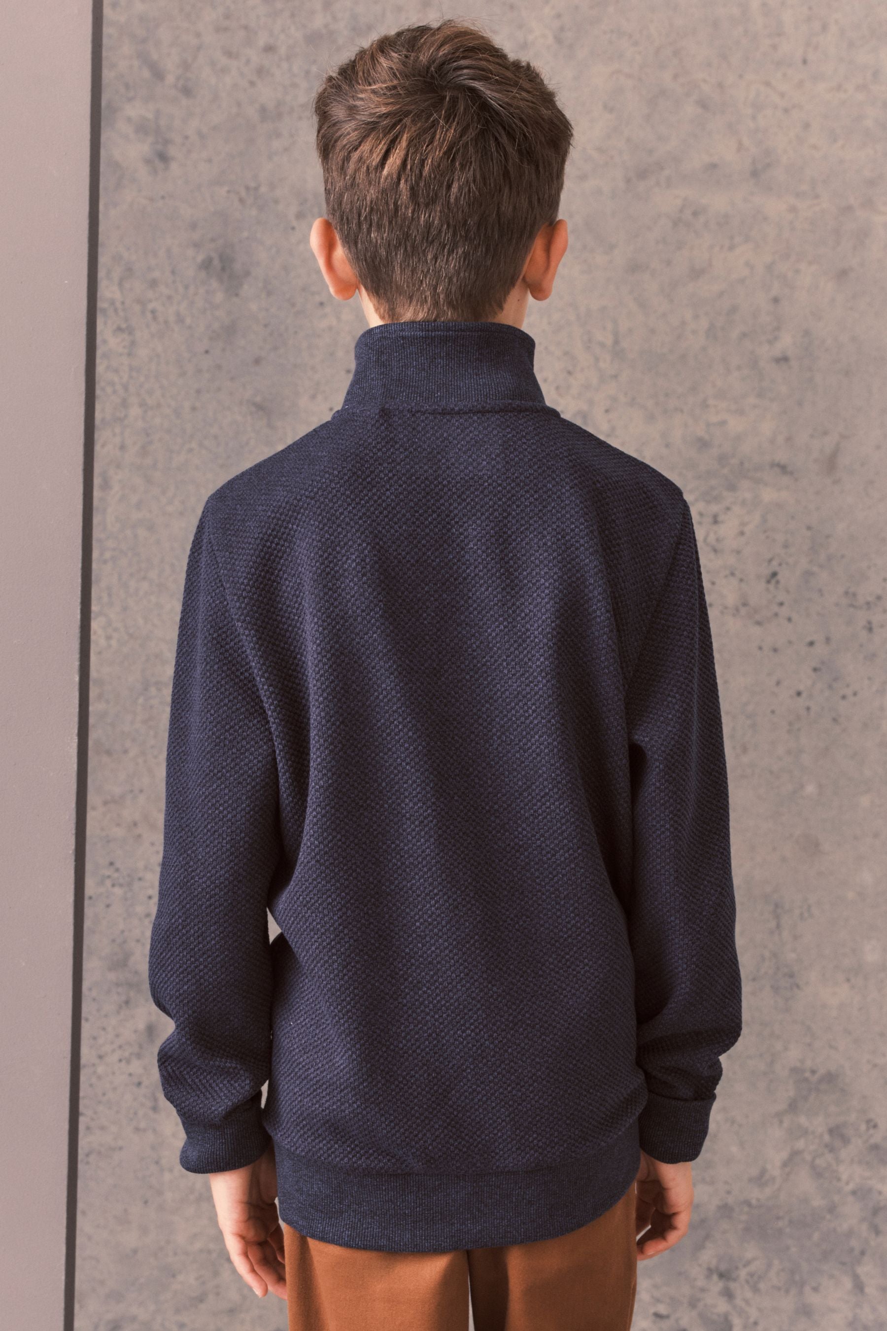 Navy Blue Long Sleeve Textured Zip Neck T-Shirt (3-14yrs)