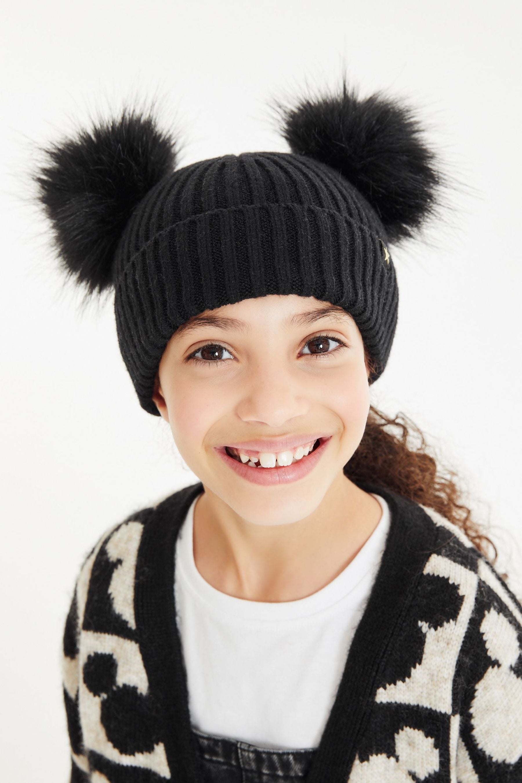 Black Double Pom Pom Rib Beanie Hat (3-16yrs)