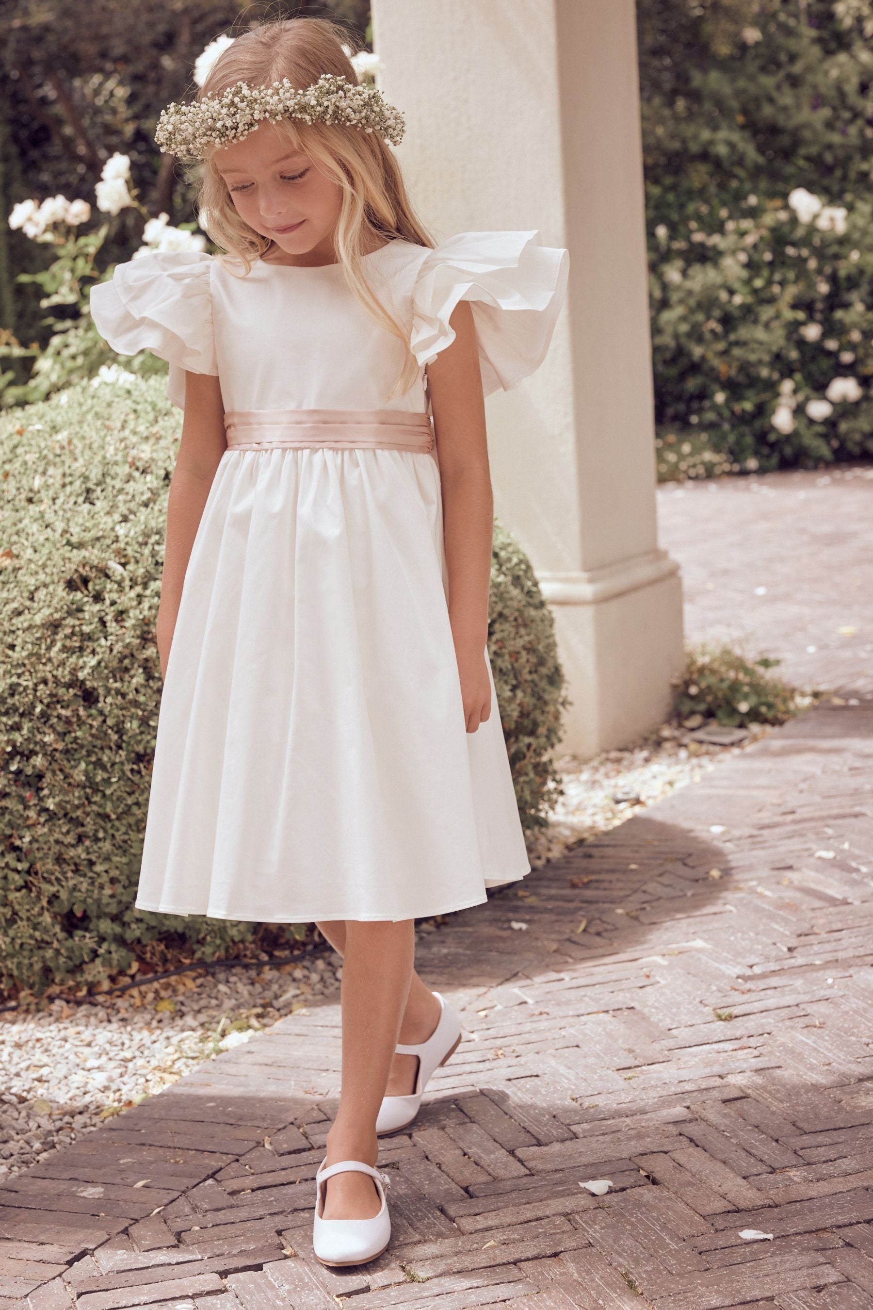 White/Pink Angel & Rocket Taffeta Ruffle Bow Sylvie Dress