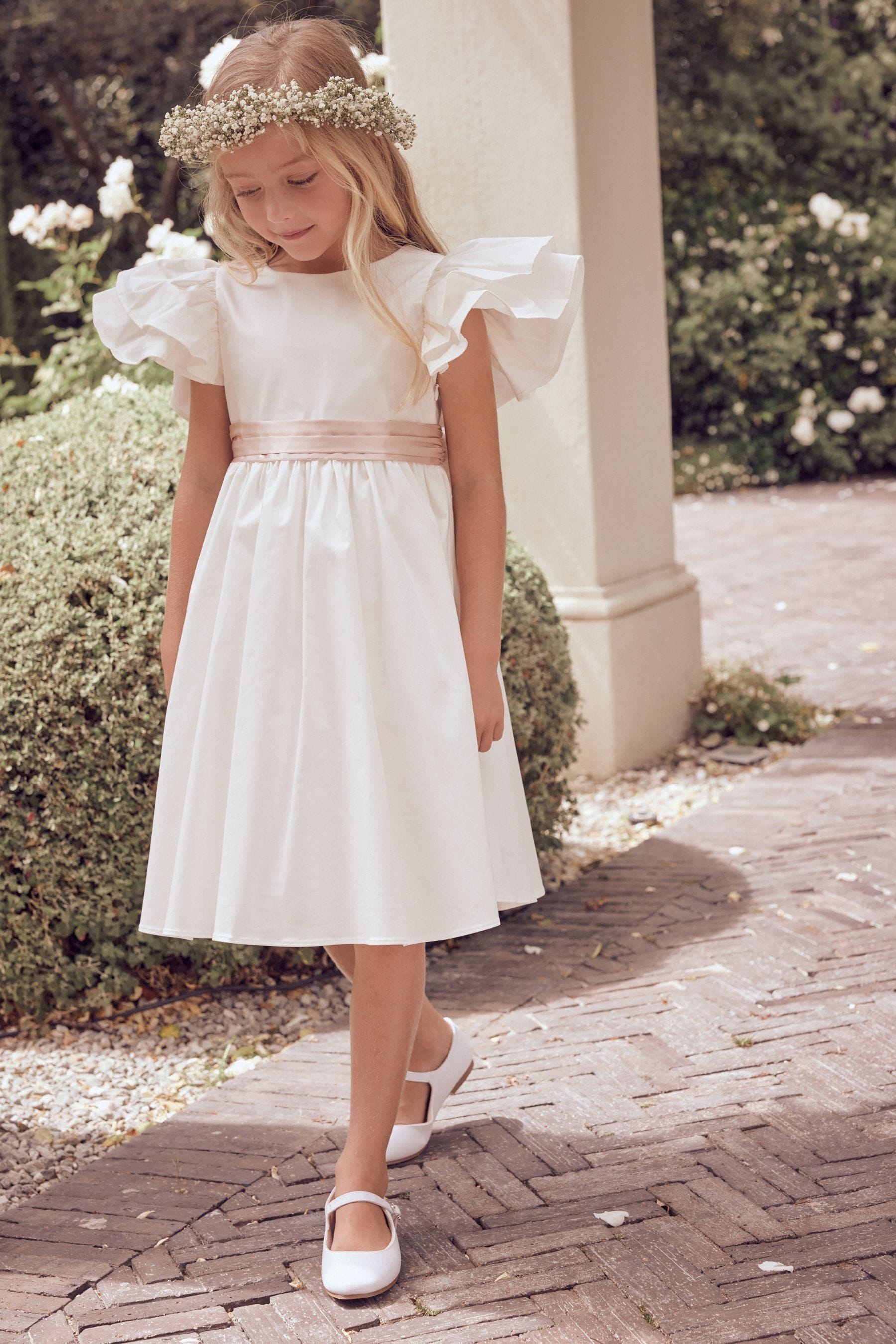 Angel & Rocket White/Pink Taffeta Ruffle Bow Sylvie Dress