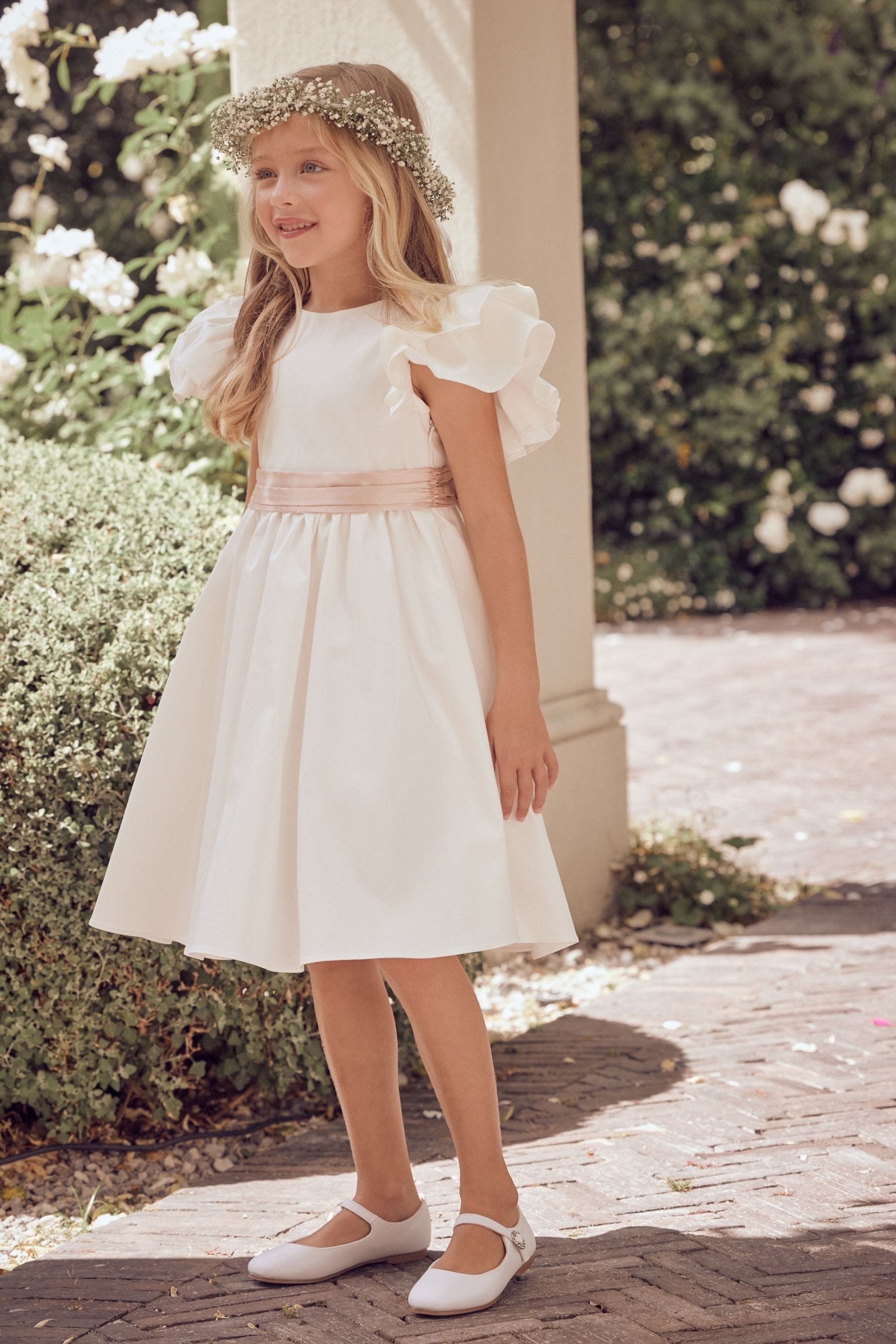 White/Pink Angel & Rocket Taffeta Ruffle Bow Sylvie Dress