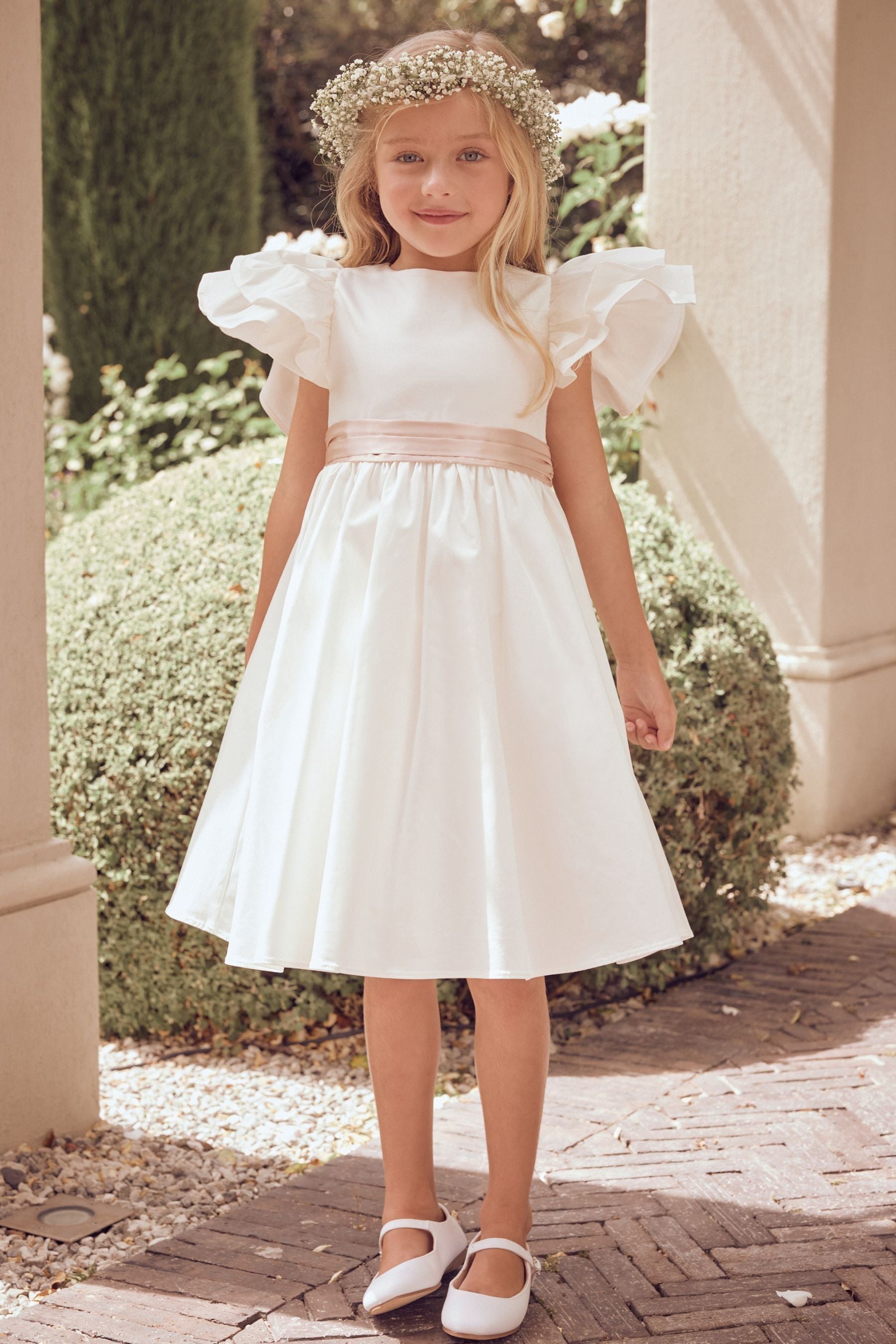 White/Pink Angel & Rocket Taffeta Ruffle Bow Sylvie Dress