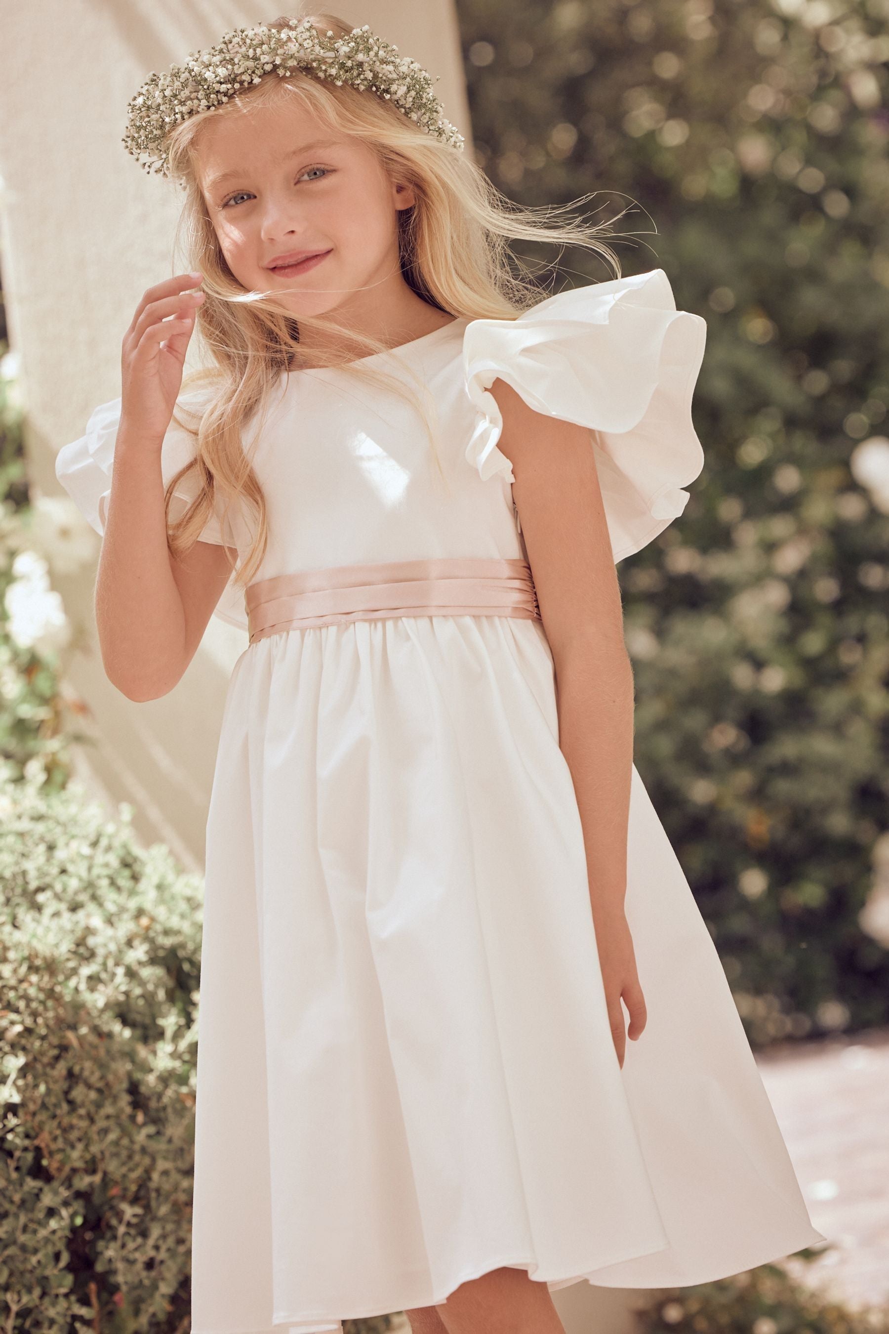 White/Pink Angel & Rocket Taffeta Ruffle Bow Sylvie Dress