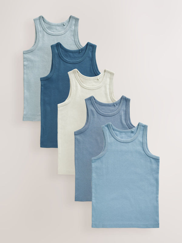 Tonal Blue 100% Cotton Vests 5 Pack (1.5-16yrs)