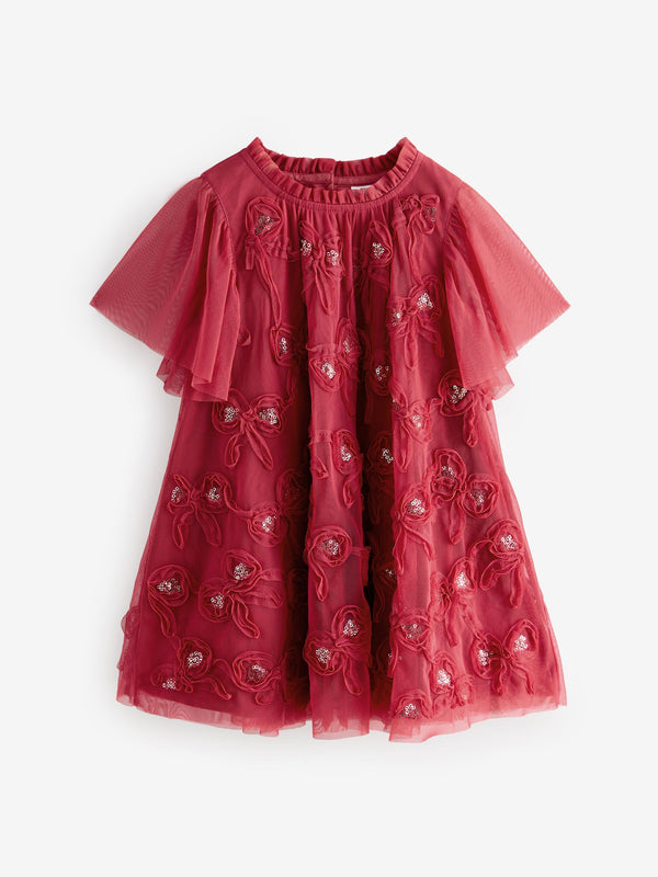 Red Mesh Flower Print  Dress (3mths-7yrs)