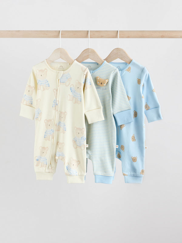 Blue 3 Pack Bear Baby Sleepsuits (0-2yrs)