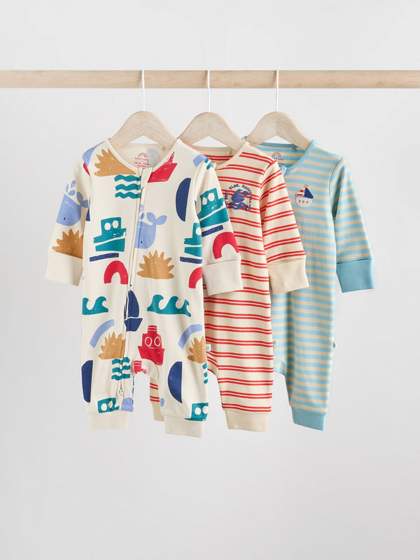 Red/Blue 100% Cotton Two Way Zip Baby Sleepsuits 3 Pack (0mths-3yrs)