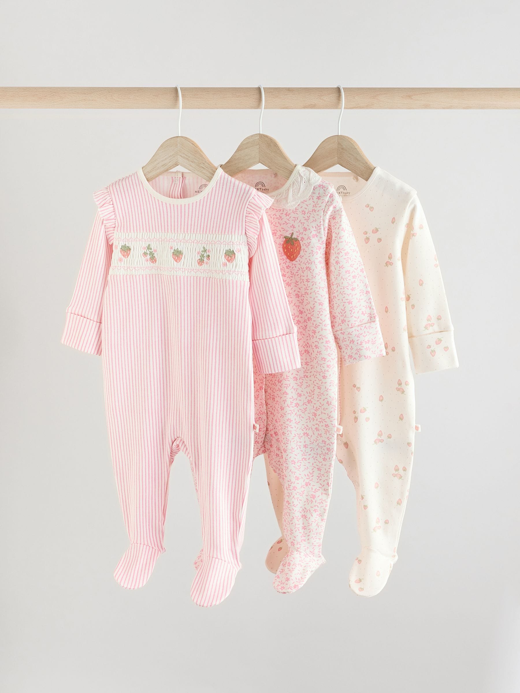 Pink Baby Collar 100% Cotton Sleepsuits 3 Pack