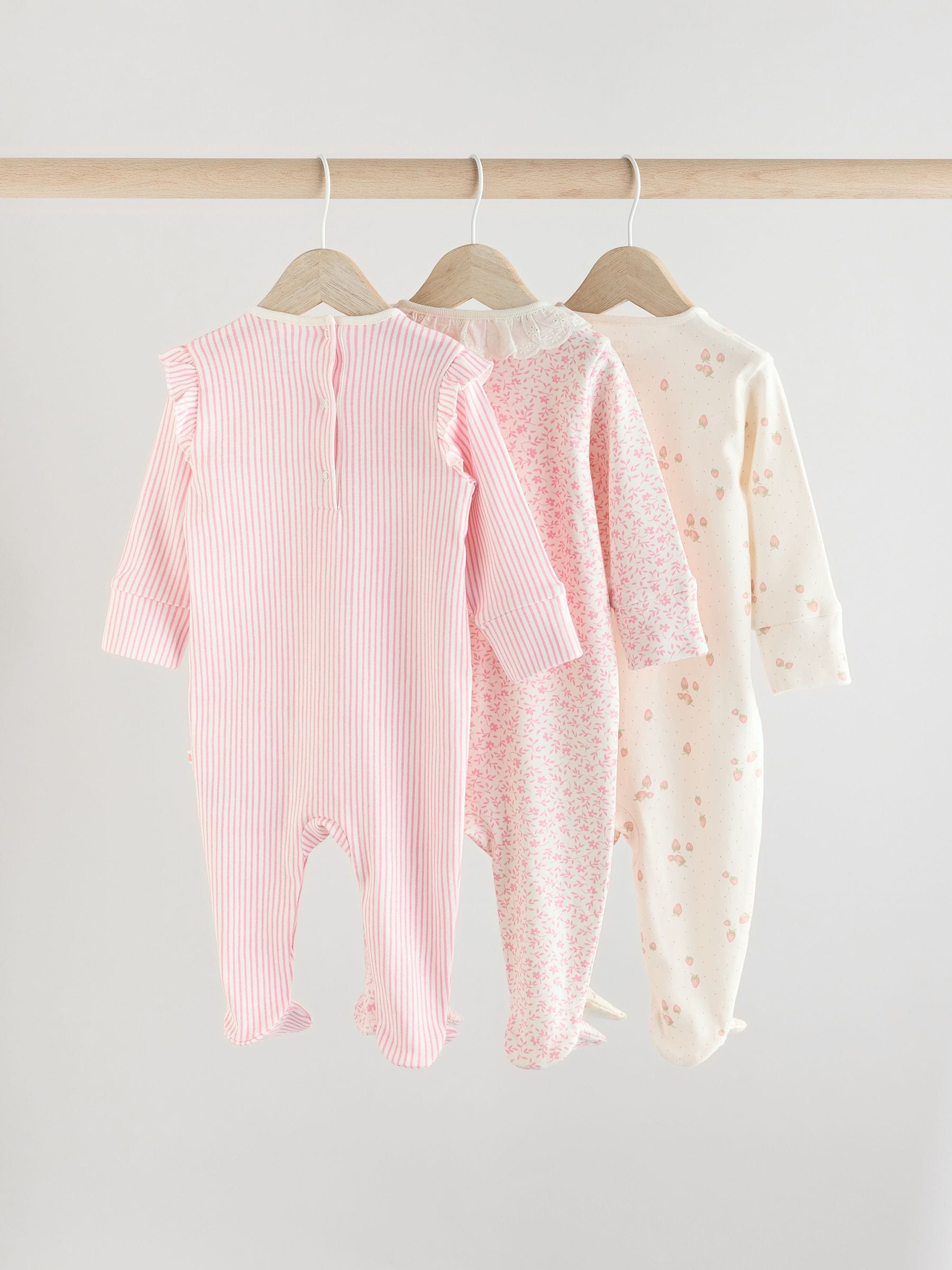 Pink Baby Collar 100% Cotton Sleepsuits 3 Pack