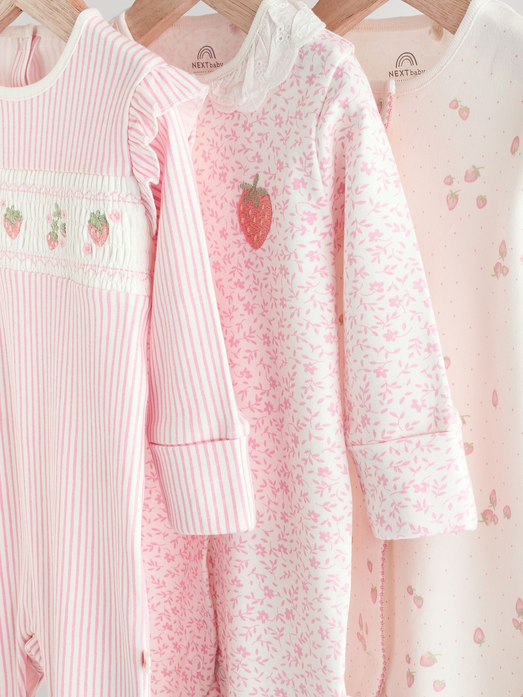 Pink Baby Collar 100% Cotton Sleepsuits 3 Pack