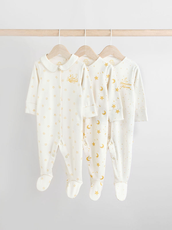 White 3 Pack Eid Kareem Baby Collar Sleepsuits (0mths-2yrs)