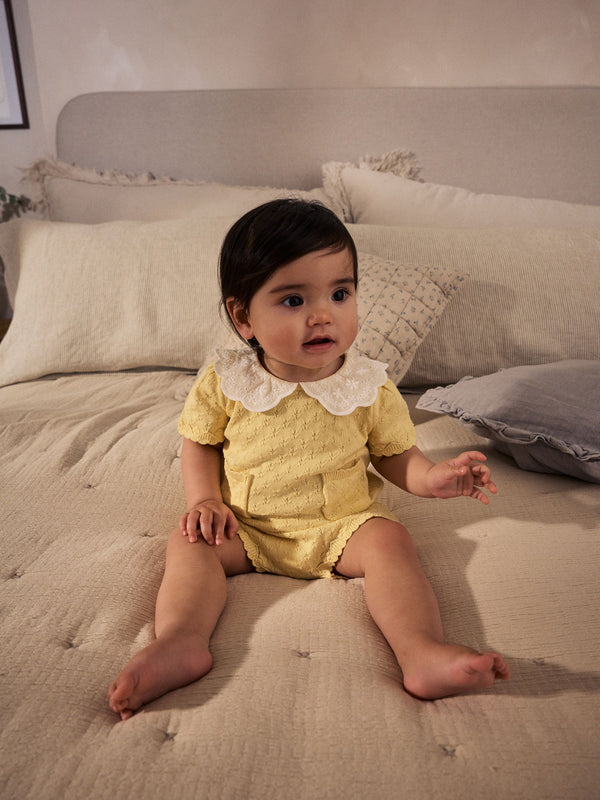 Yellow Embroidered Collar 100% Cotton Knitted Baby Top and Shorts Set (0mths-2yrs)