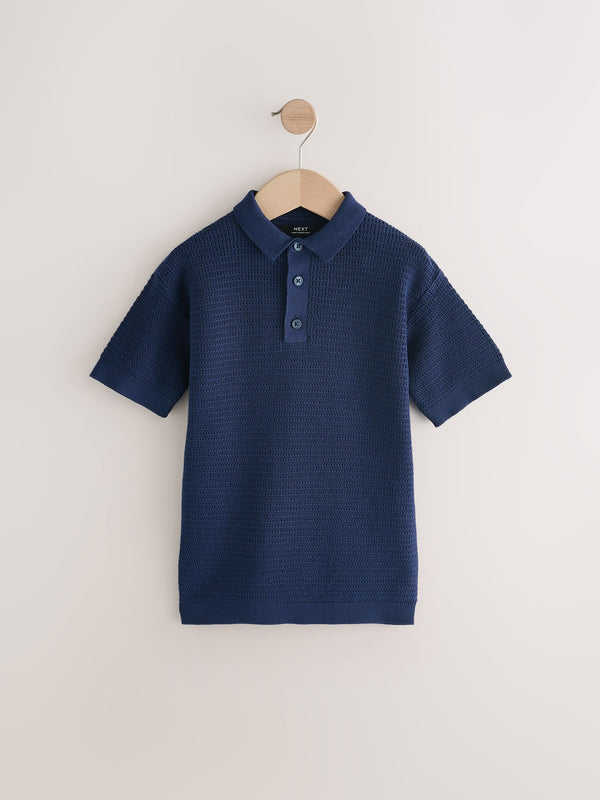 Navy Blue 100% Cotton Textured Short Sleeve Knitted Polo Shirt (3-16yrs) (3-16yrs)