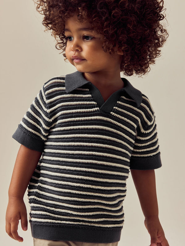 Charcoal Grey Stripe Short Sleeve Trophy Neck 100% Cotton Polo Shirt (3mths-7yrs)