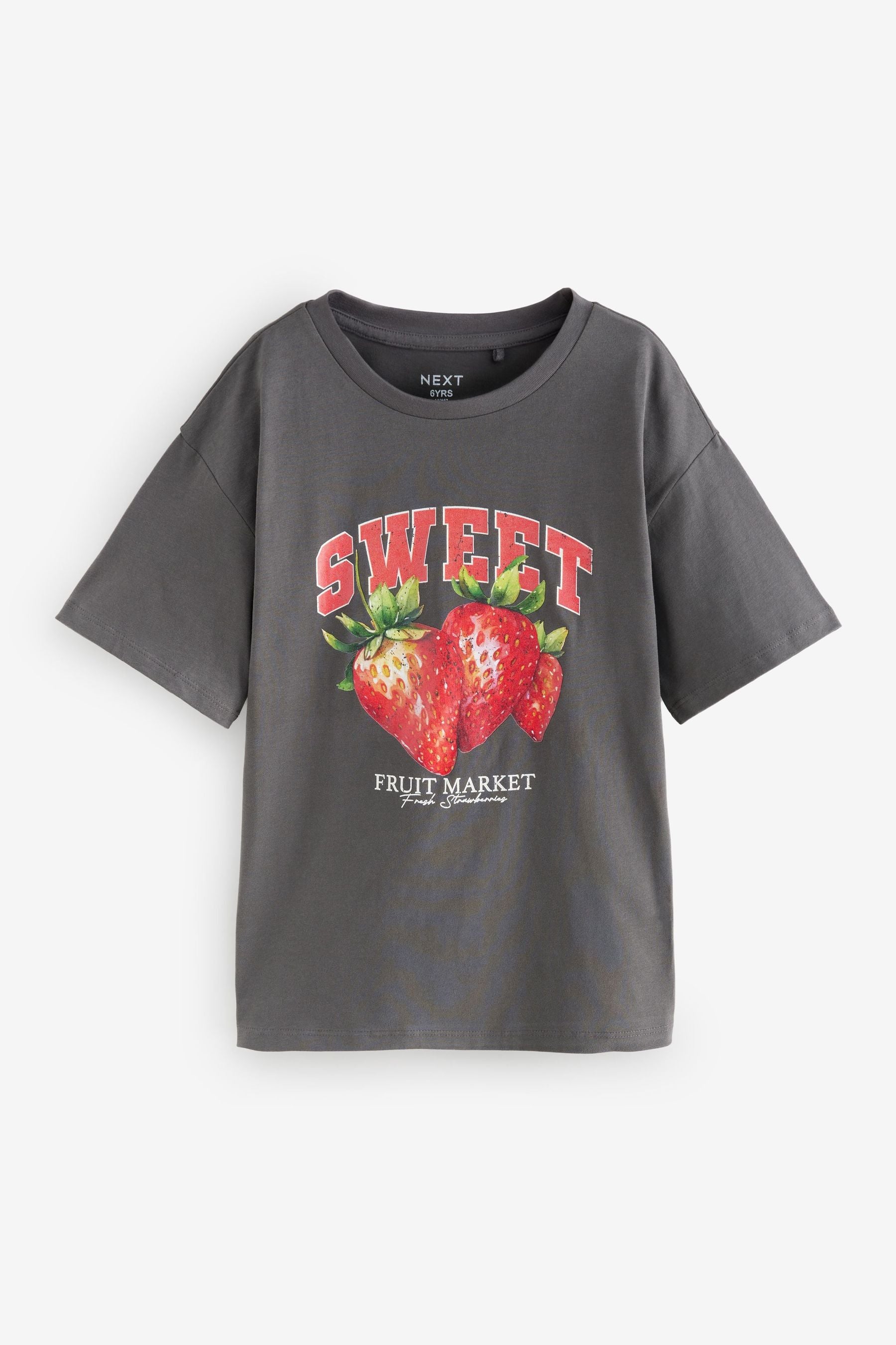 Charcoal Grey 100% Cotton Strawberry Graphic Oversized T-Shirt (3-16yrs)