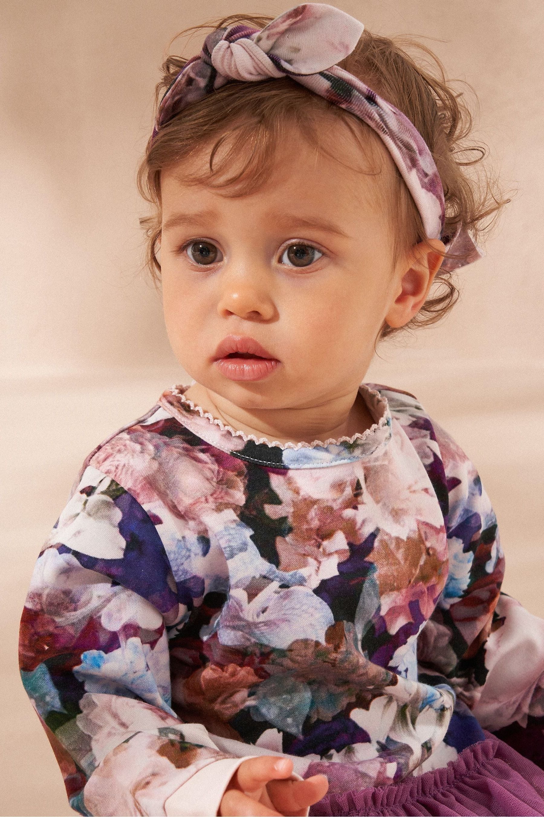 Angel & Rocket Purple Fleur Multi Floral Tutu Babygrow and Headband Set