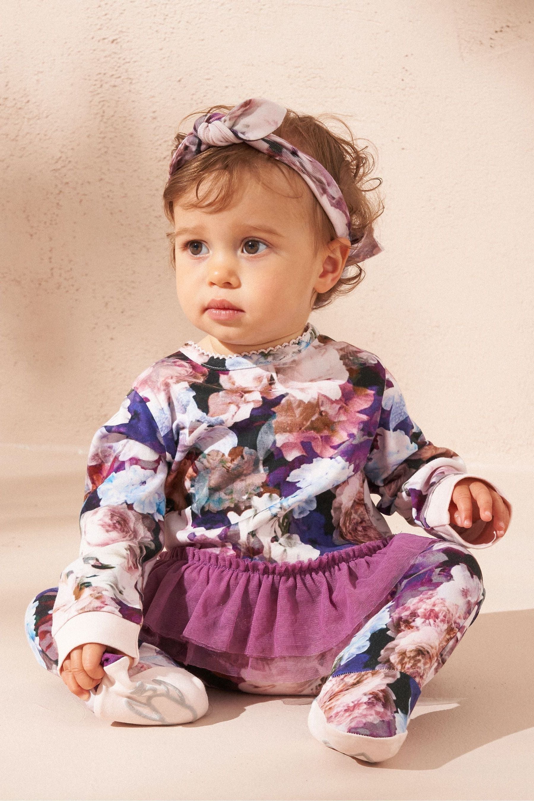 Angel & Rocket Purple Fleur Multi Floral Tutu Babygrow and Headband Set