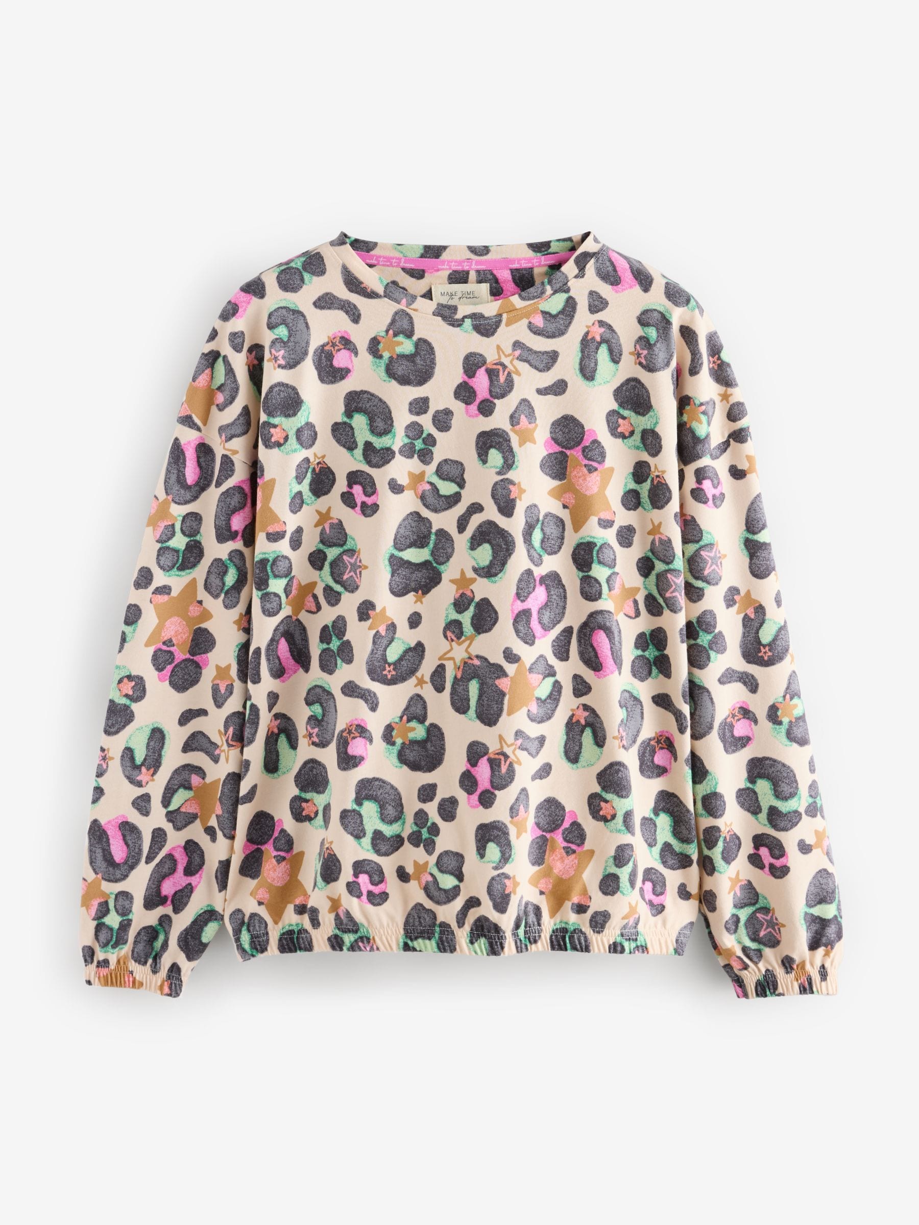 Ecru Cream/Pink Leopard 100% Cotton Long Sleeve Pyjamas