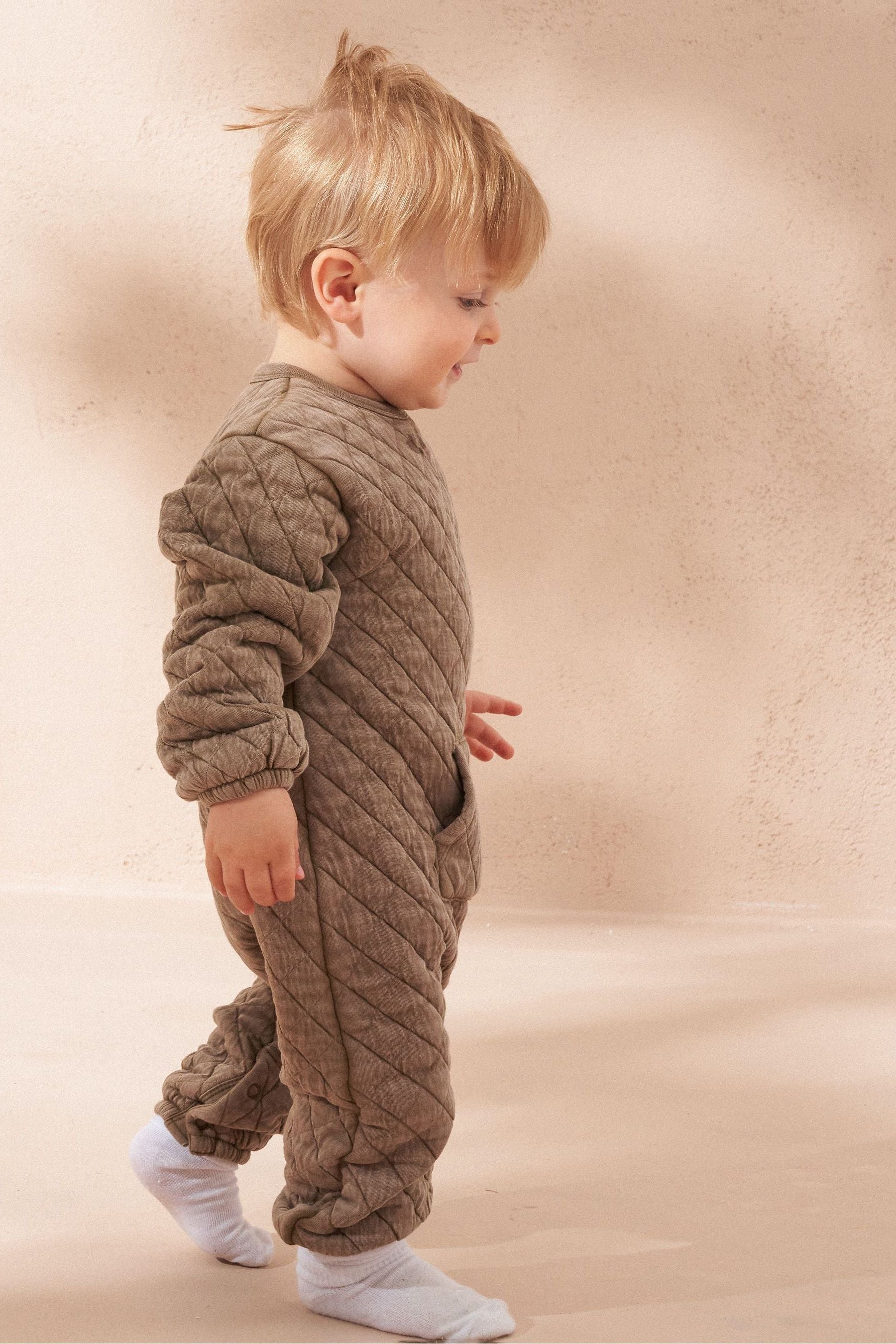 Angel & Rocket Natural Bear Quilted Washed Playsuit