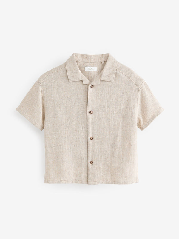 Neutral Plain Short Sleeves Linen Blend Revere Collar Shirt (3mths-7yrs)