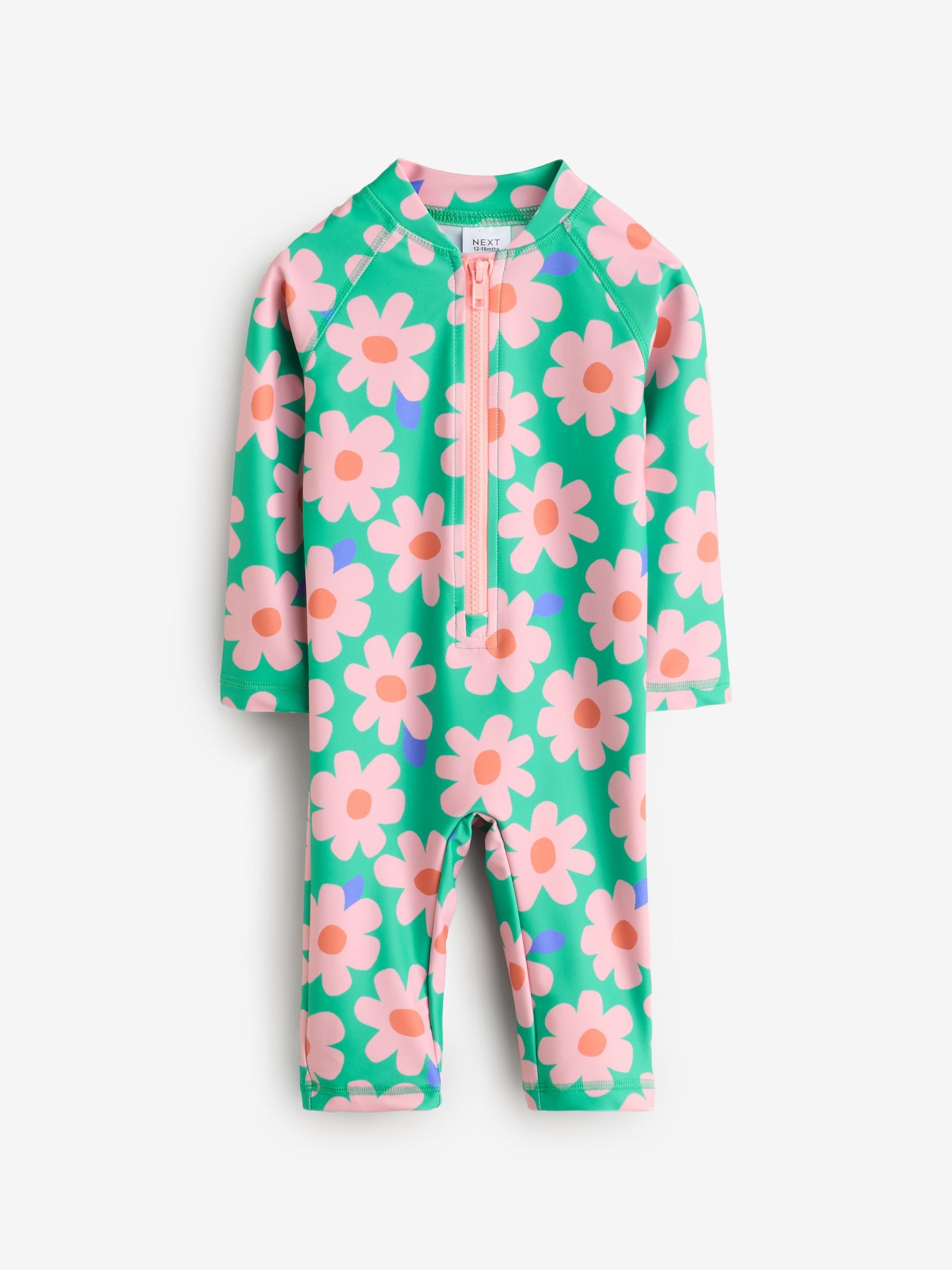 Green/Pink Flower Long Leg Sunsafe Swimsuit (3mths-8yrs)