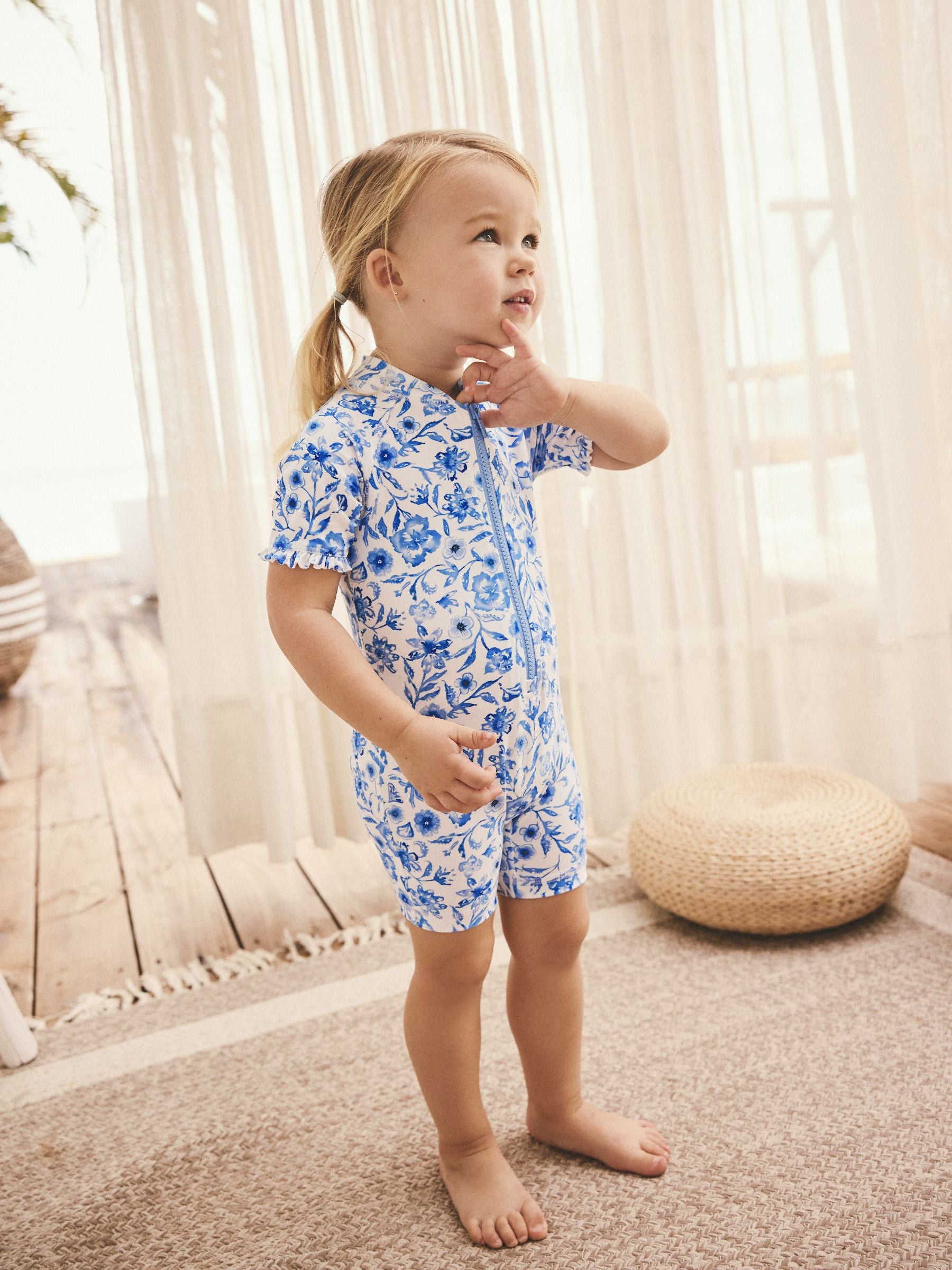 Blue Floral Frill Sleeve Sunsafe Swimsuit (3mths-10yrs)