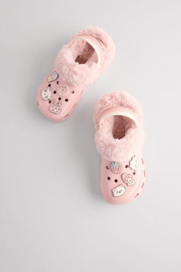 Pink Badge Faux Fur Lined Clog Slippers