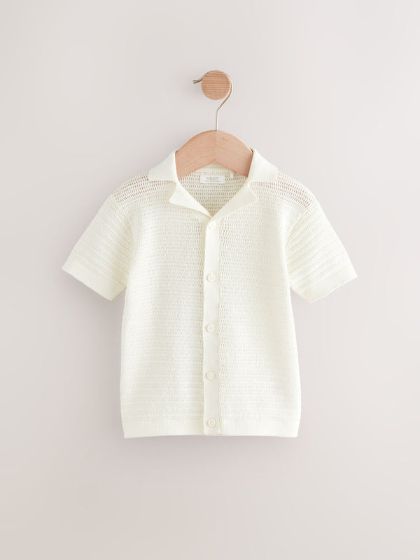 White Textured Revere Collar Short Sleeve Knitted 100% Cotton Polo Shirt (3mths-7yrs)