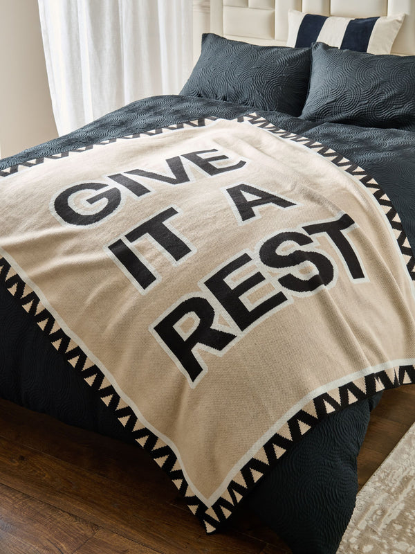 Natural Give It A Rest Slogan Knitted Throw