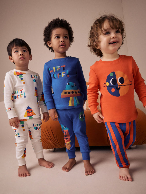 Orange/Navy Space Snuggle Fit 100% Cotton Pyjamas 3 Pack (9mths-8yrs)