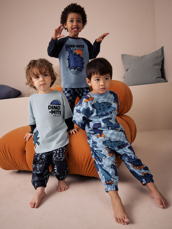 Orange/Navy Dinosaur 100% Cotton Oversized Pyjamas 3 Pack (9mths-8yrs)