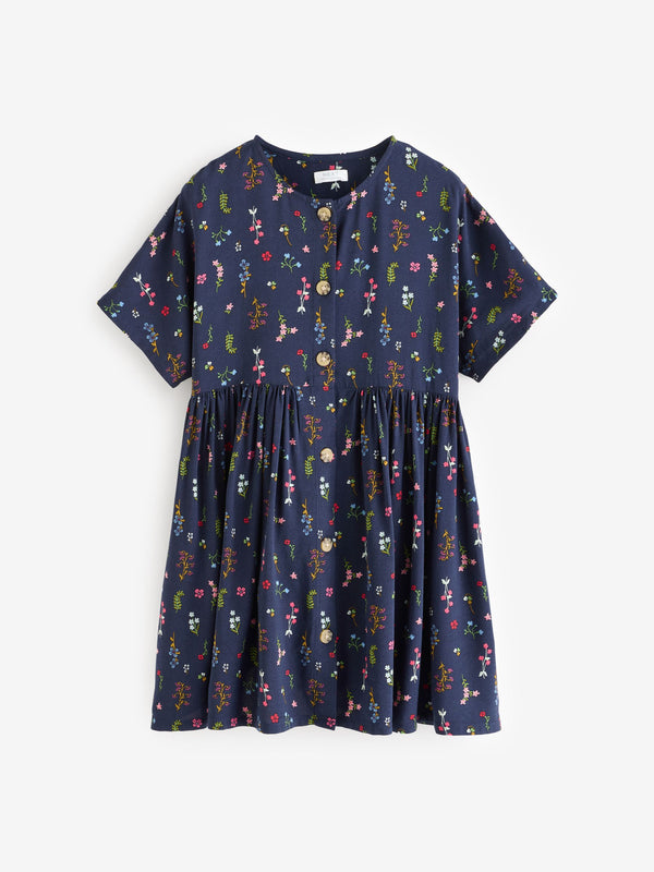 Navy Blue Floral 100% Cotton Button Dress (3-16yrs)