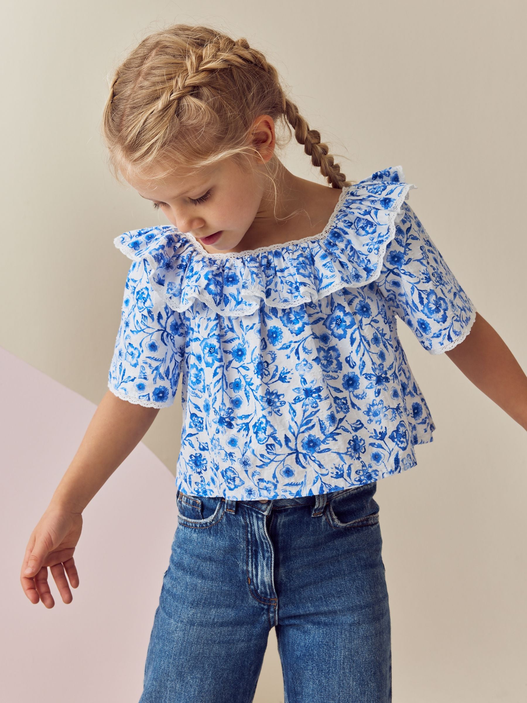 Blue Floral Printed Ruffle 100% Cotton Blouse (3-16yrs)