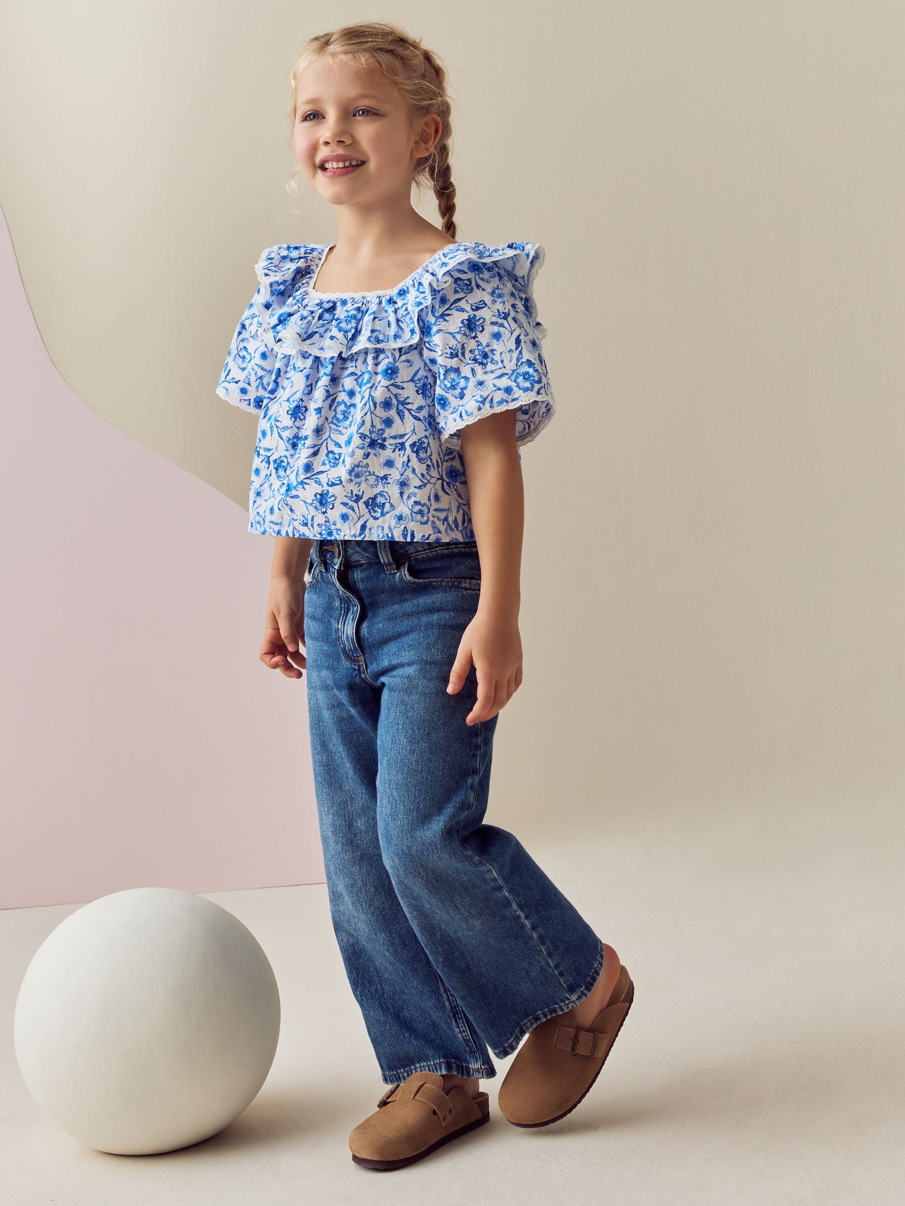 Blue Floral Printed Ruffle 100% Cotton Blouse (3-16yrs)