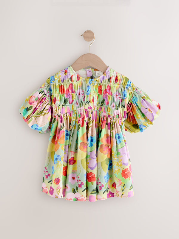 Green Floral Shirred Puff Sleeve Dress (3mths-8yrs)