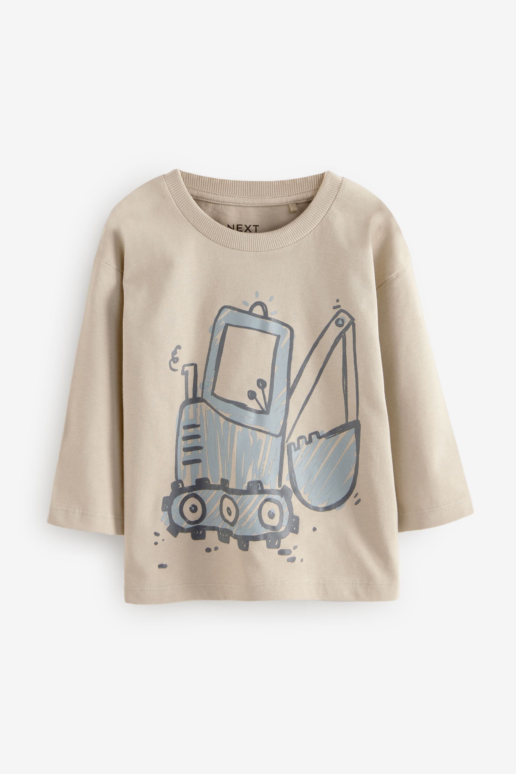 Neutral Digger 100% Cotton Long Sleeve Transport T-Shirt (3mths-7yrs)