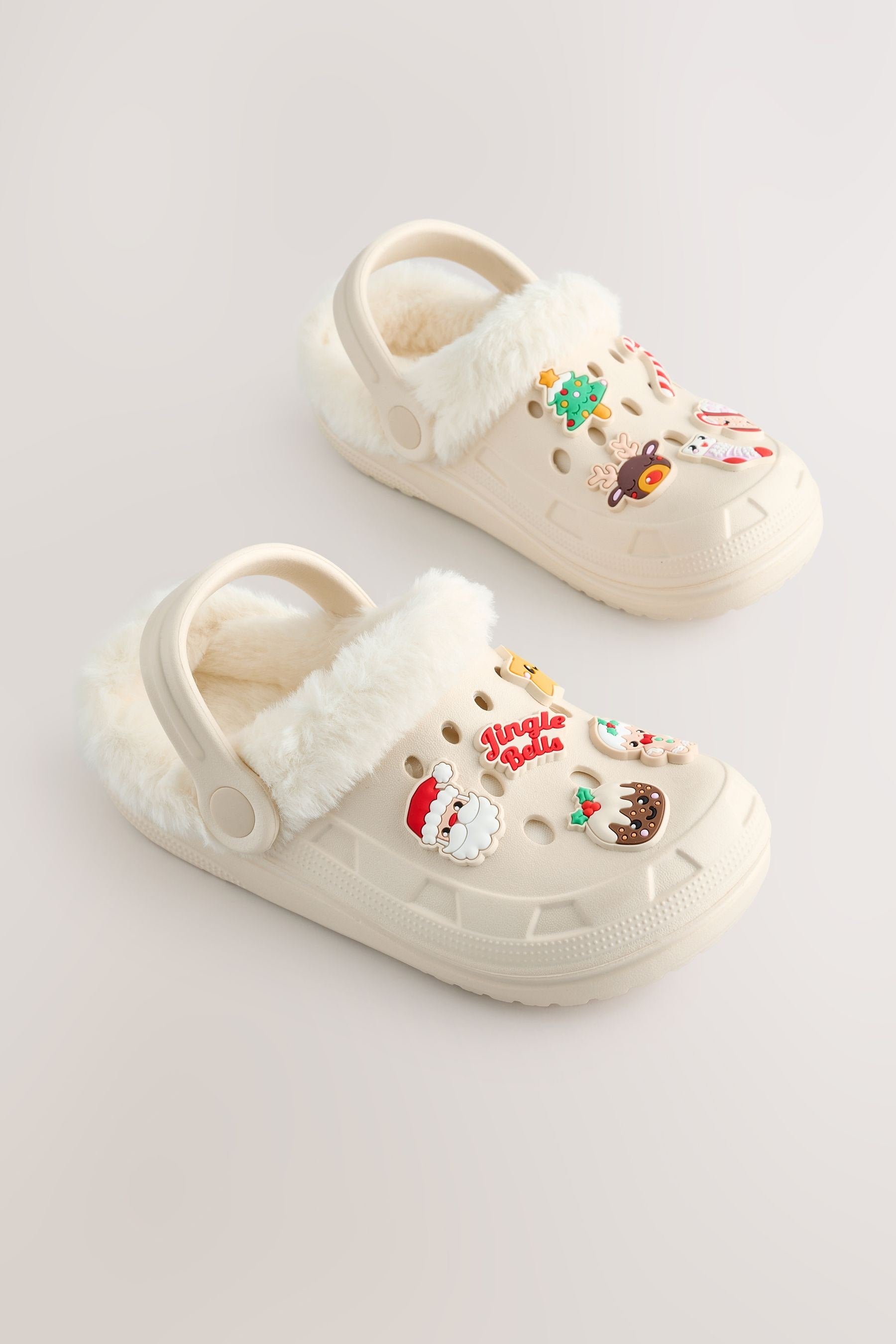 White Christmas Badge Faux Fur Lined Christmas Clog Slippers