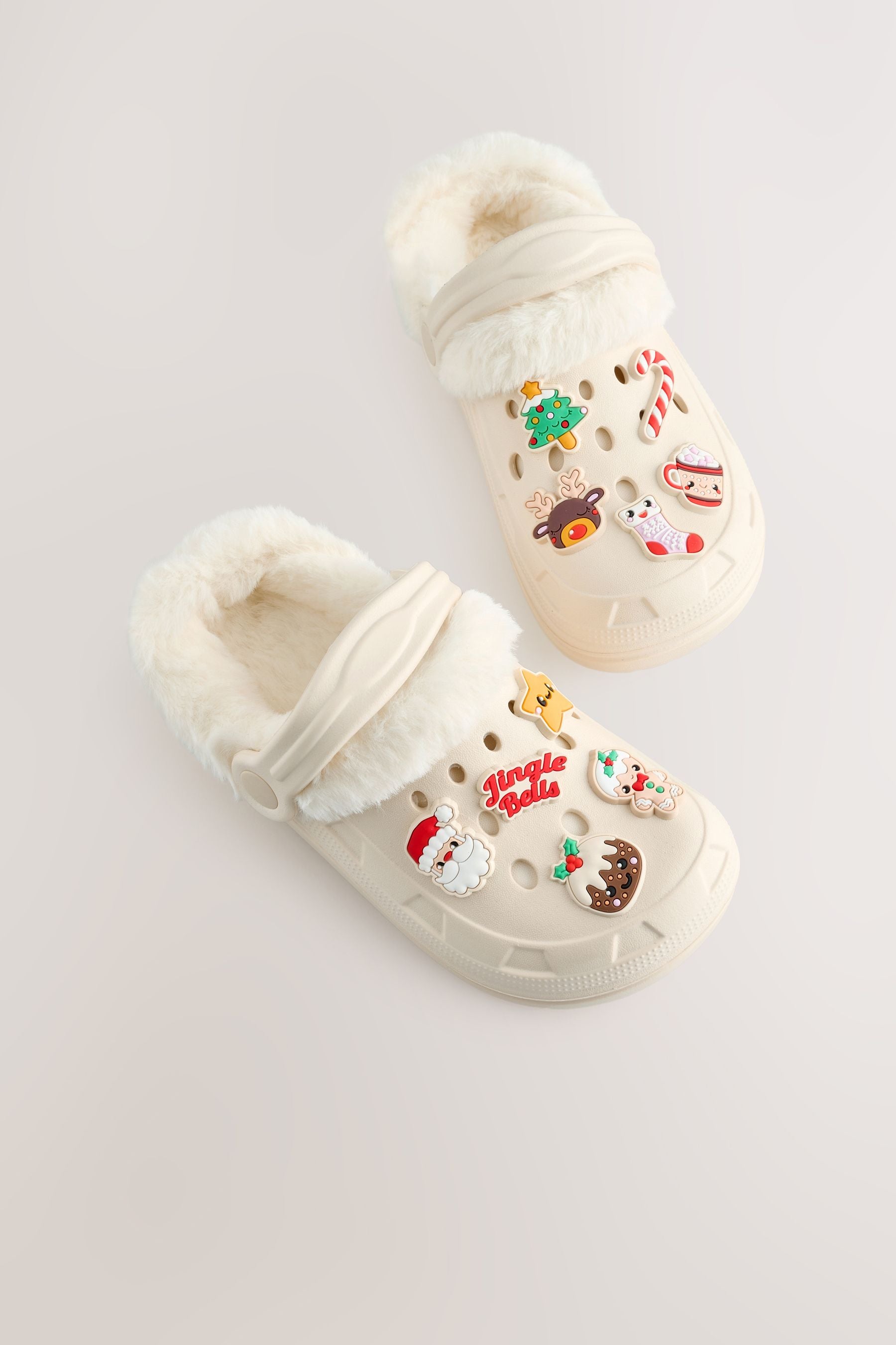 White Christmas Badge Faux Fur Lined Christmas Clog Slippers