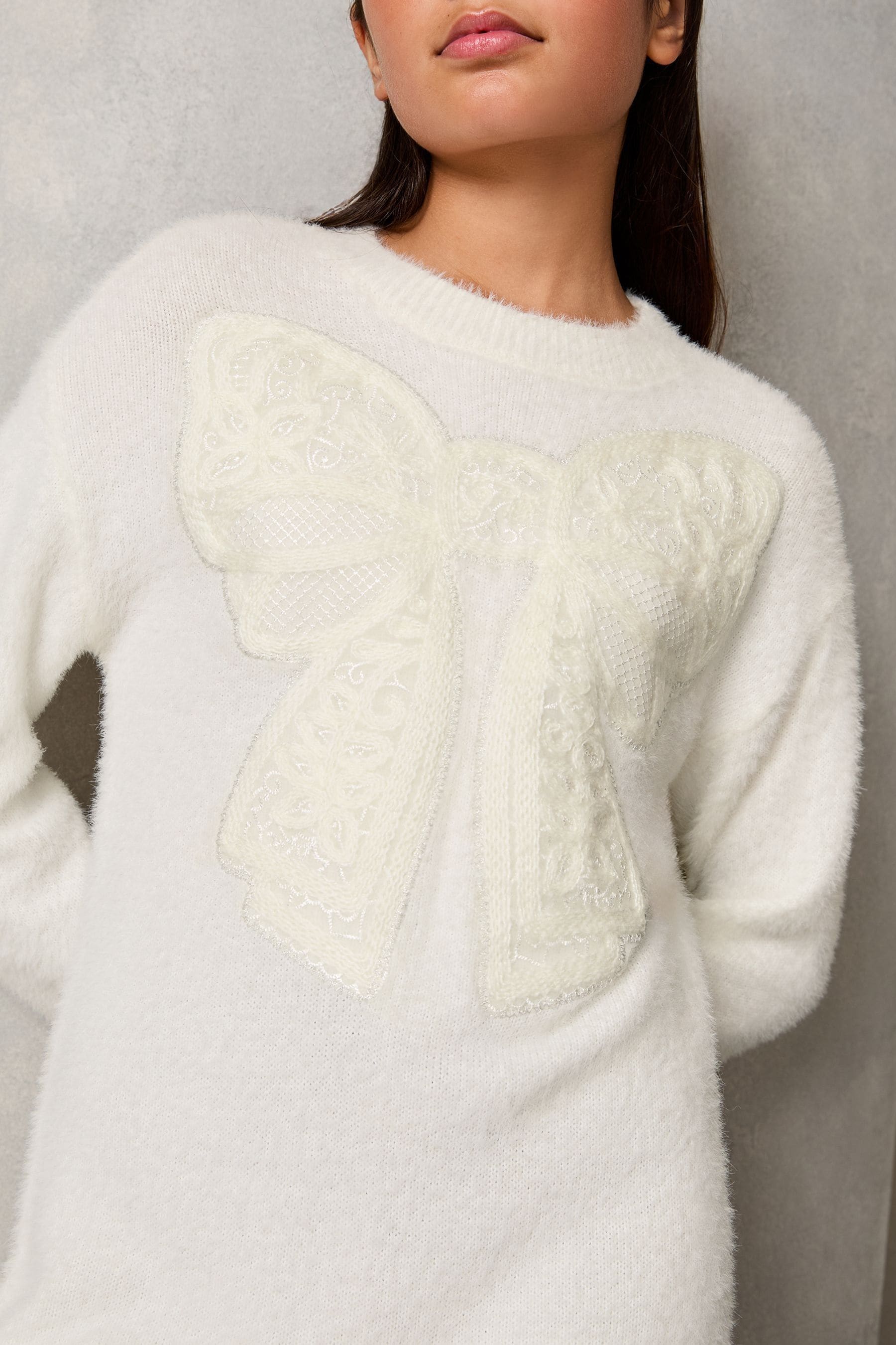 Lipsy Cream White Knitted Bow Embroidered Dress (5-16yrs)