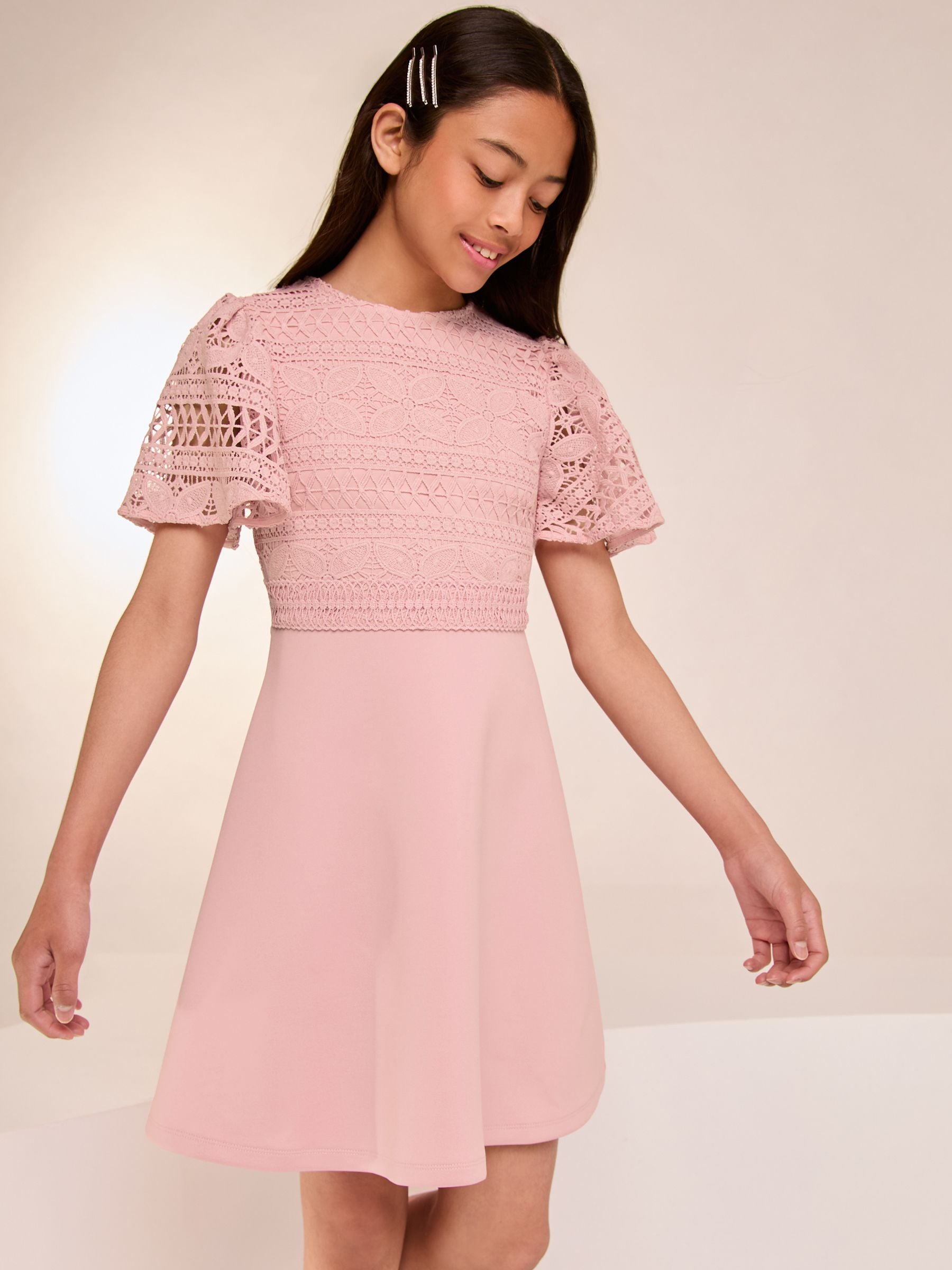 Lipsy Pink 2in1 Flutter Sleeve Lace Occasion Dress (5-16yrs)