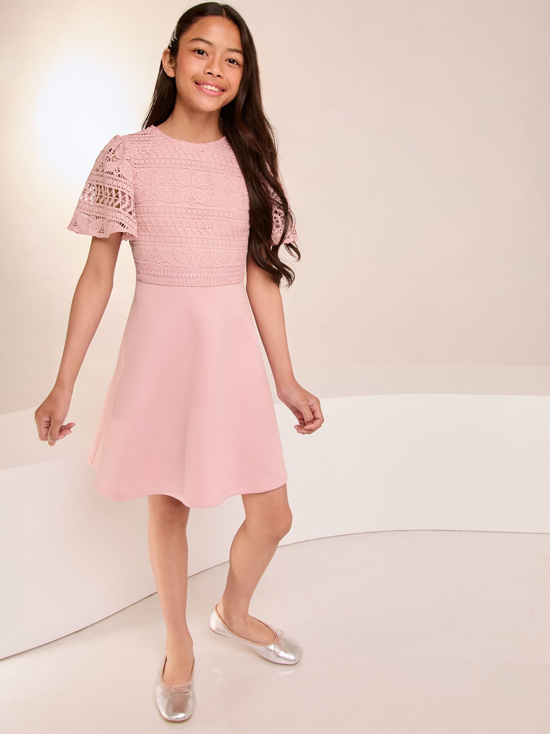 Lipsy Pink 2in1 Flutter Sleeve Lace Occasion Dress (5-16yrs)