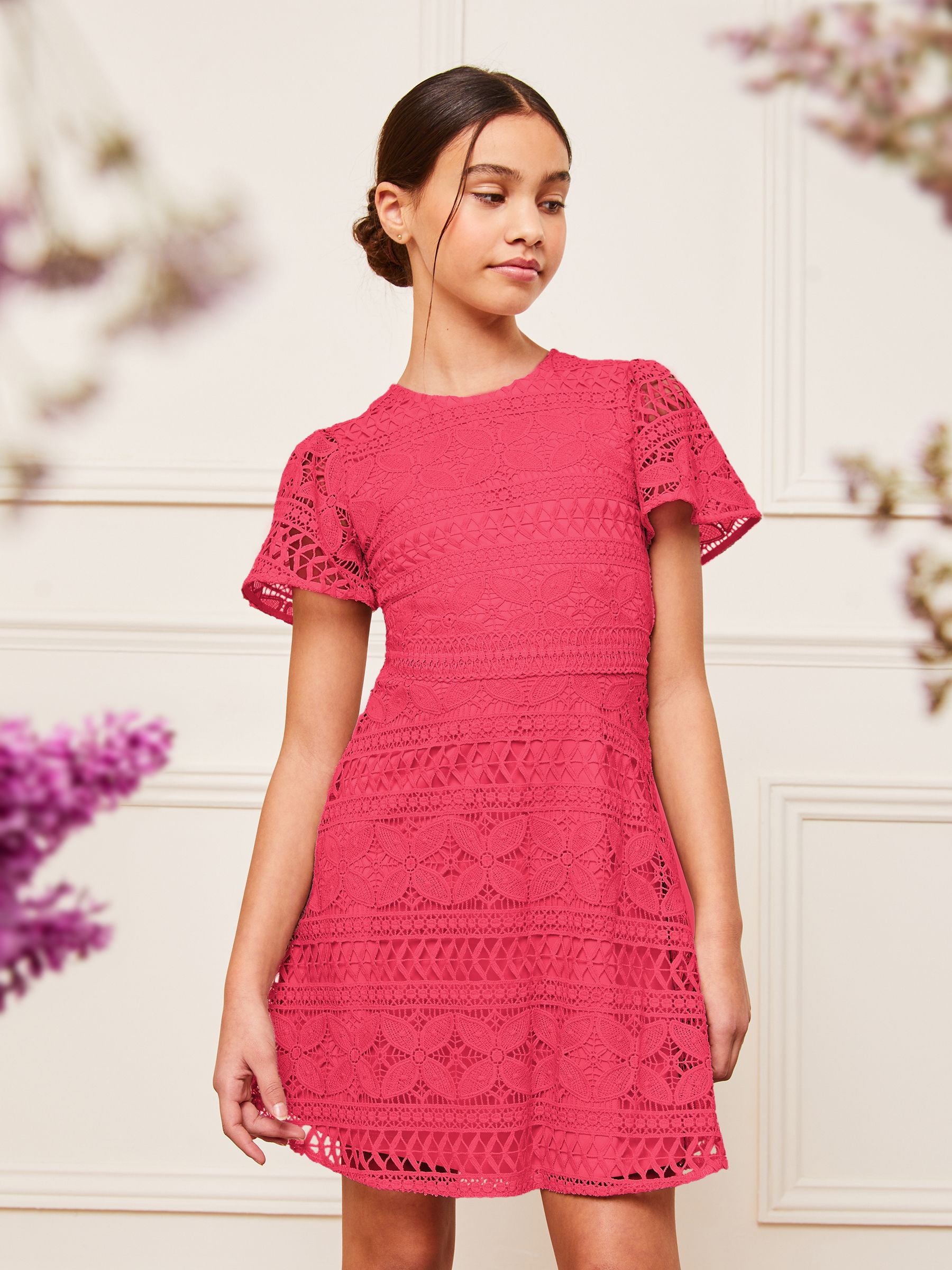 Lipsy Hot Pink Flutter Sleeve Lace Occasion Dress (5-16yrs)