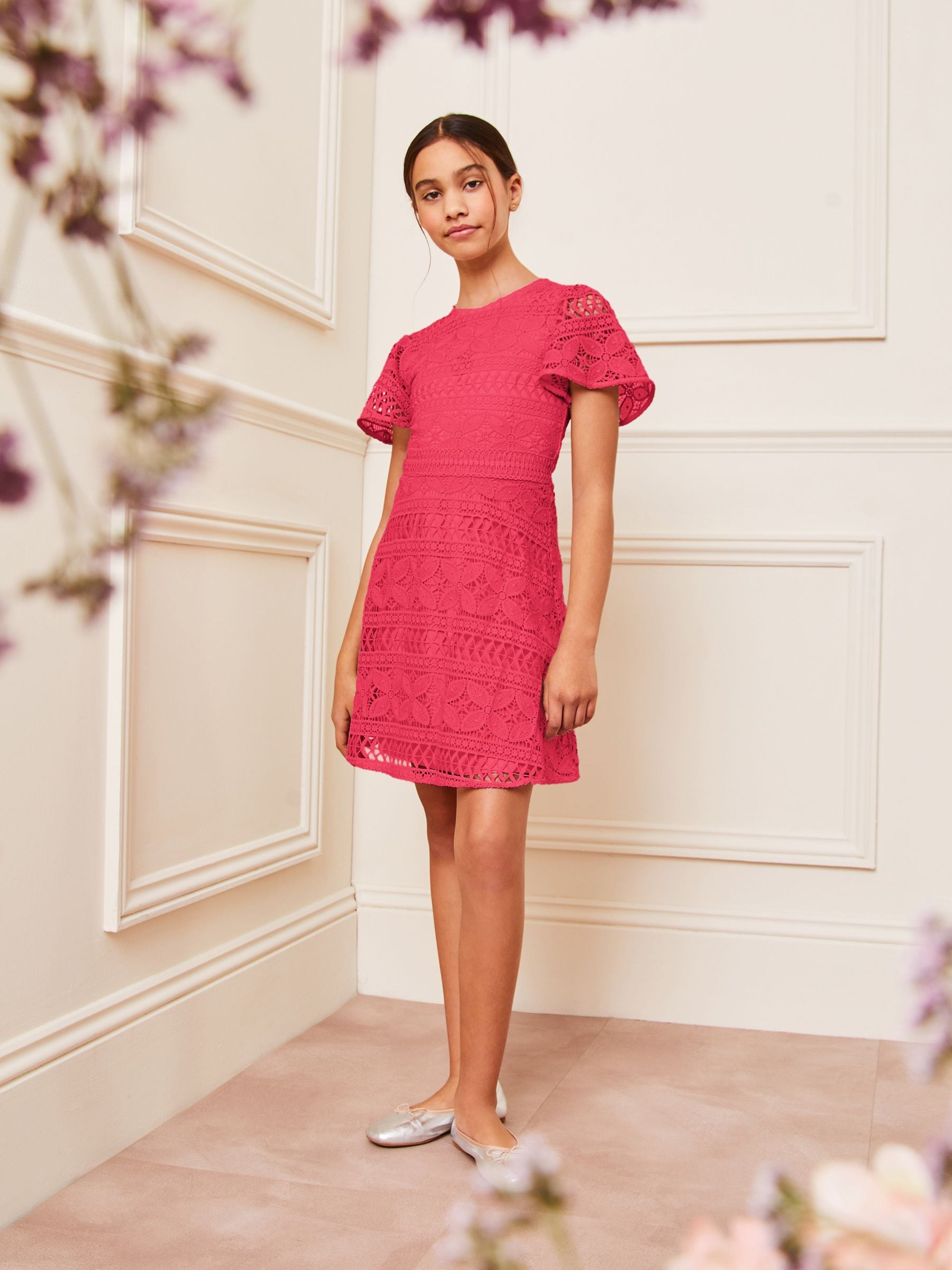 Lipsy Hot Pink Flutter Sleeve Lace Occasion Dress (5-16yrs)