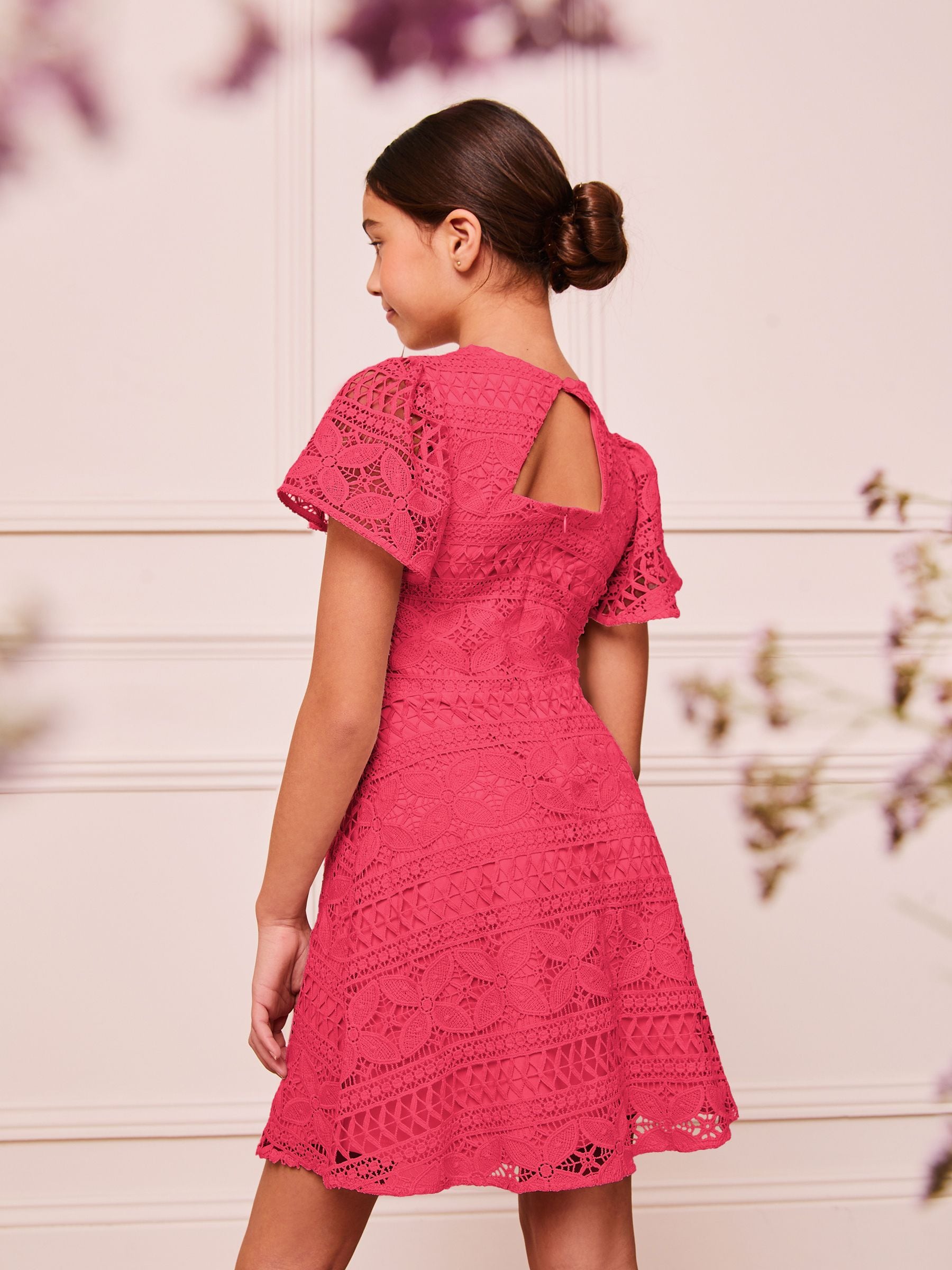 Lipsy Hot Pink Flutter Sleeve Lace Occasion Dress (5-16yrs)