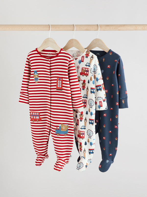 Red/Blue Baby Embroidered 100% Cotton Sleepsuits 3 Pack