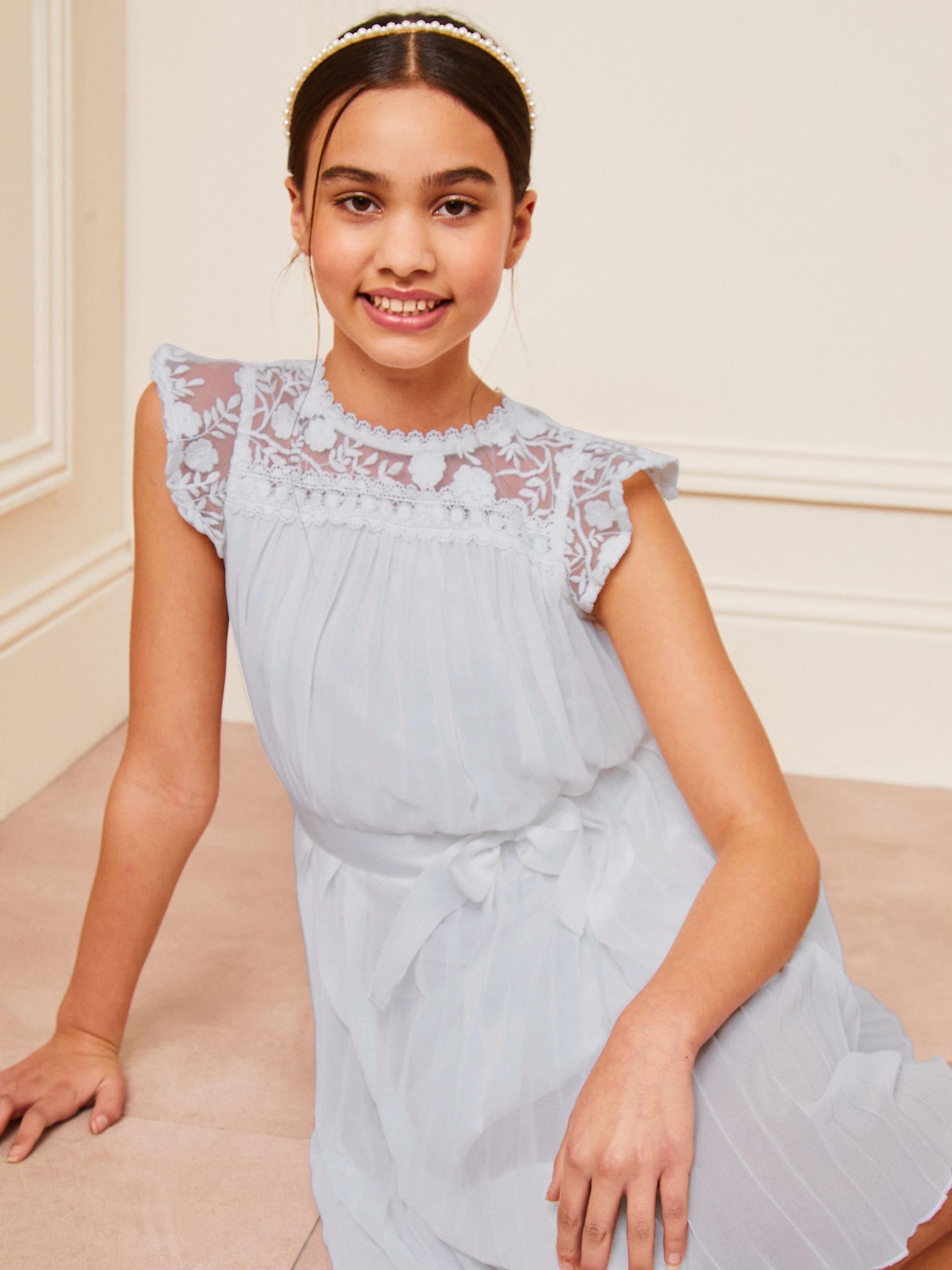 Blue Lace Yolk Pleated Occasion Dress (2-16yrs)