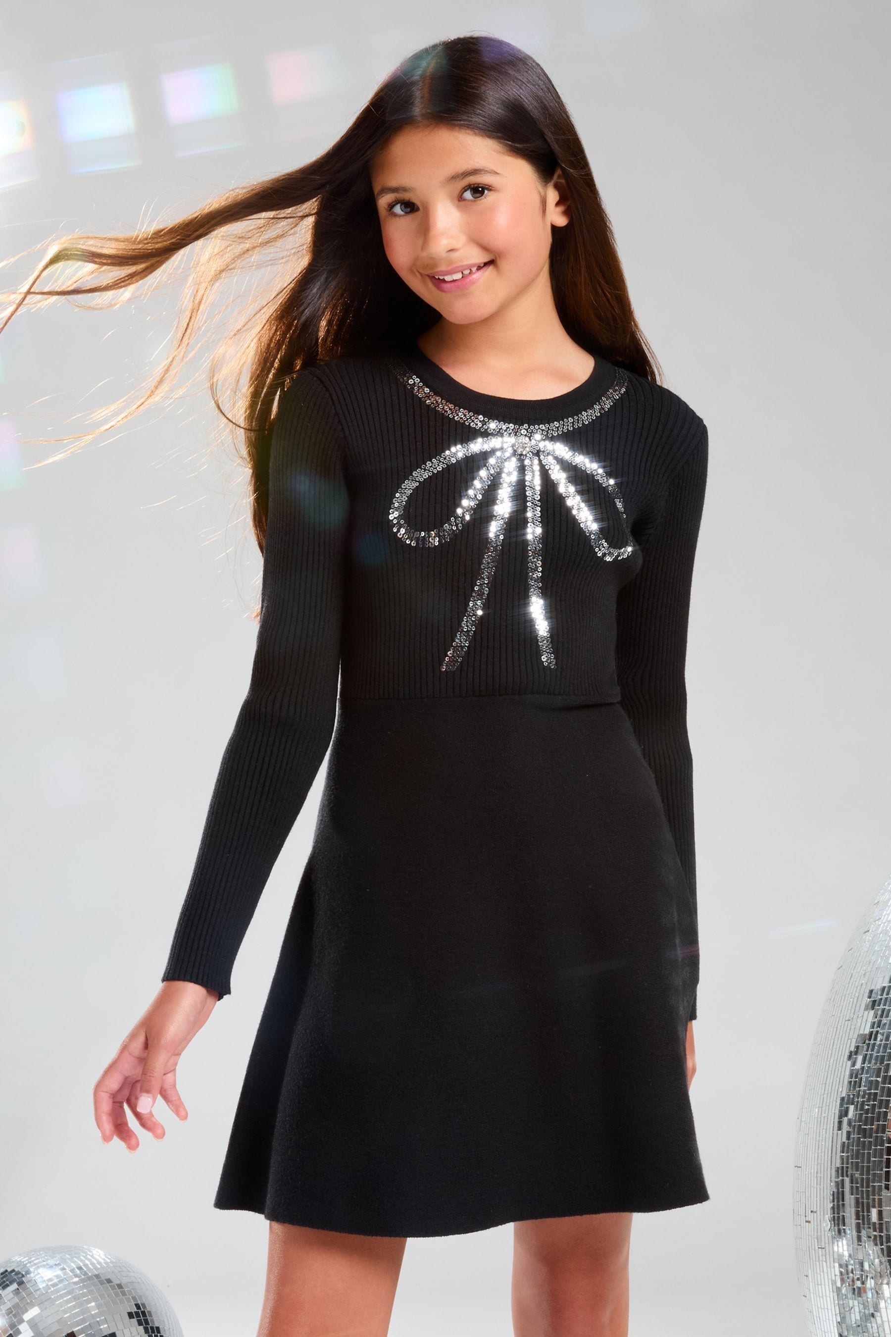 Lipsy Black Knitted Bow Embellished Dress (5-16yrs)