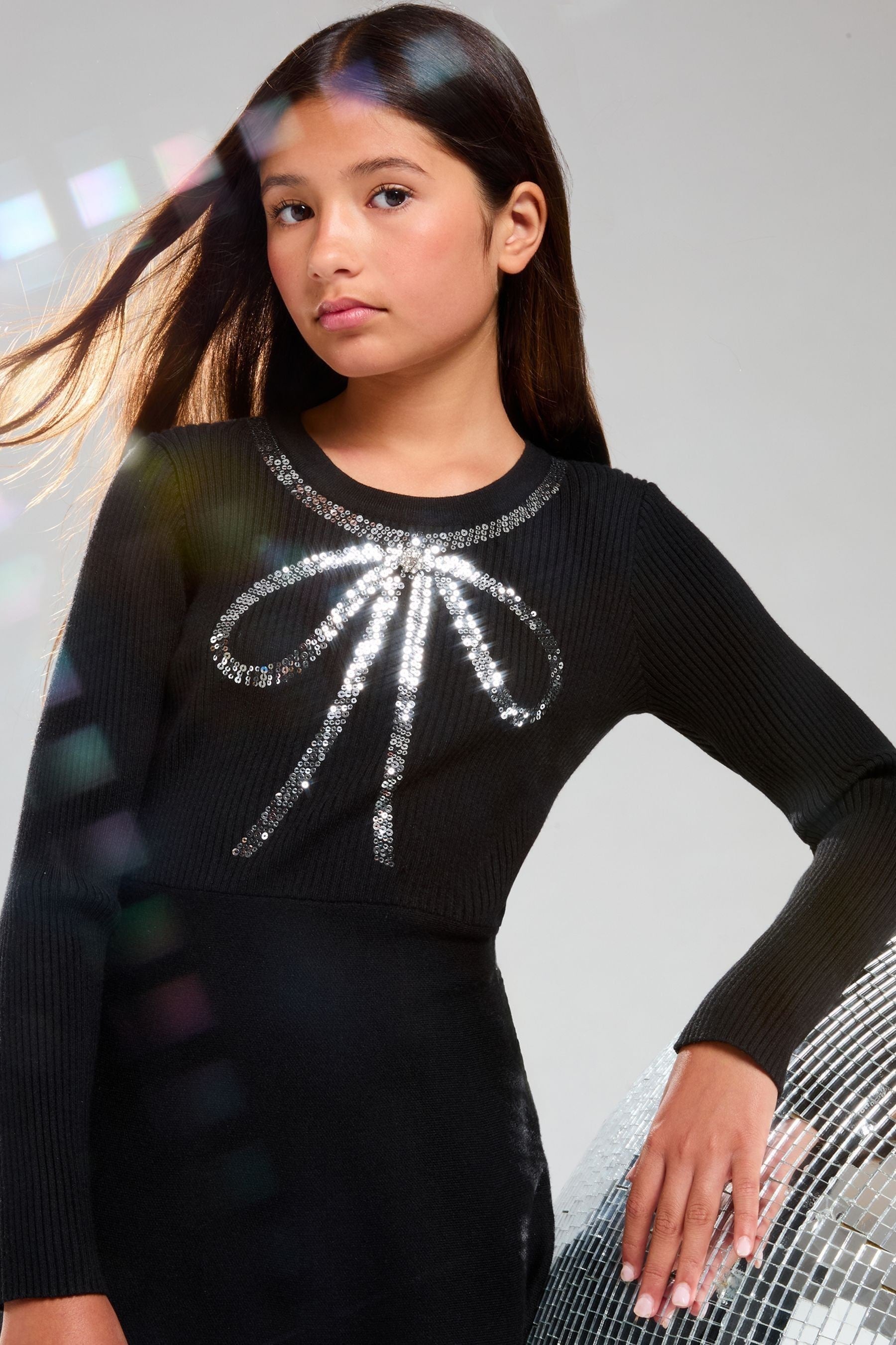 Lipsy Black Knitted Bow Embellished Dress (5-16yrs)