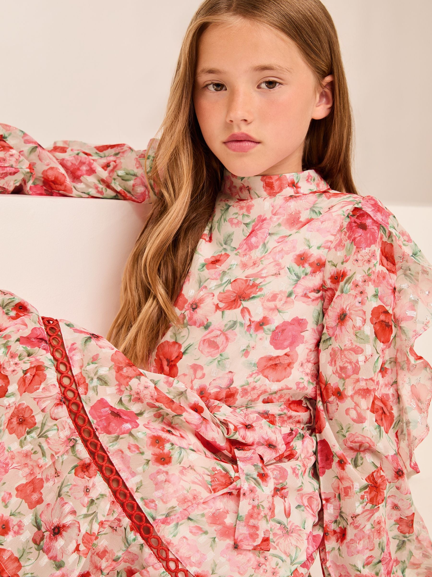 Pink Floral Ruffle Sleeve Chiffon Sparkle Dress (5-16yrs)